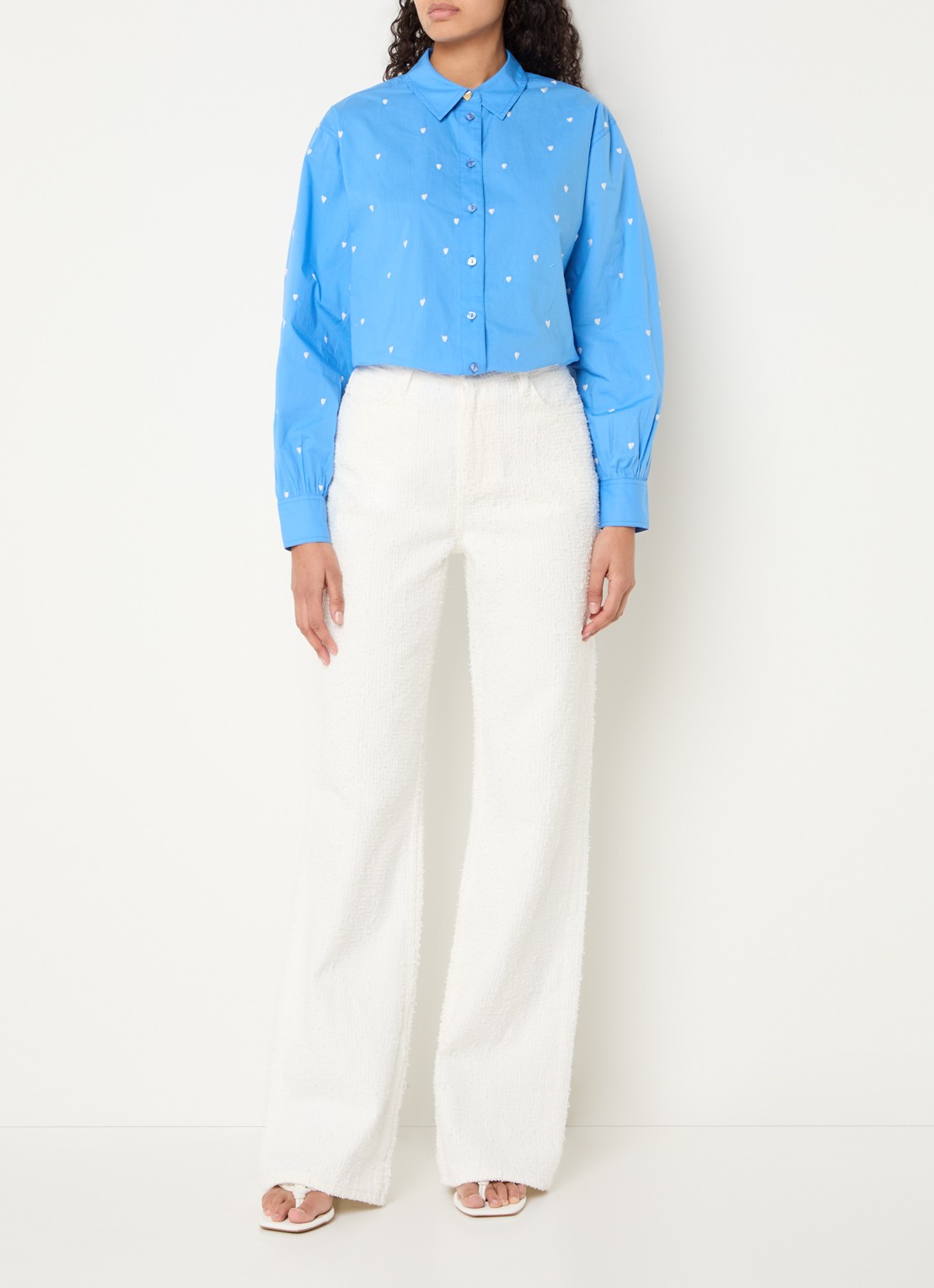 Fabienne Chapot Zoe high waist loose fit pantalon met  structuur - voorkant 2 creme