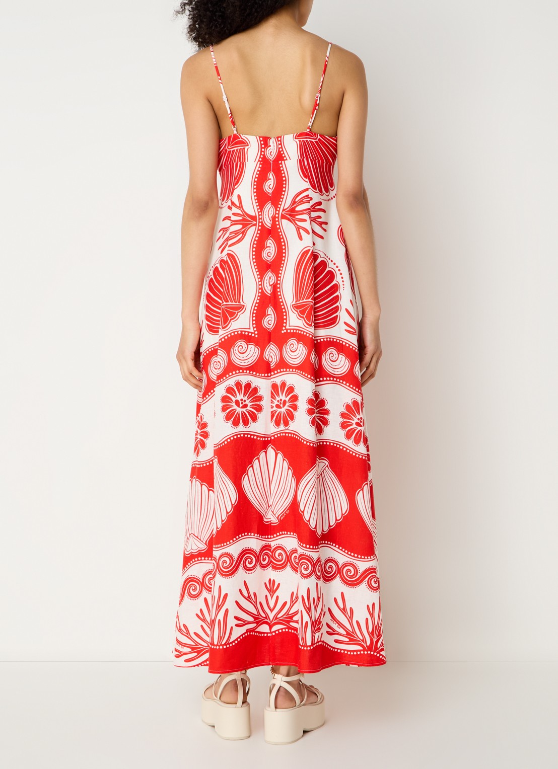 Farm Rio Ainika maxi jurk in linnenblend met bladprint - achterkant koraalrood