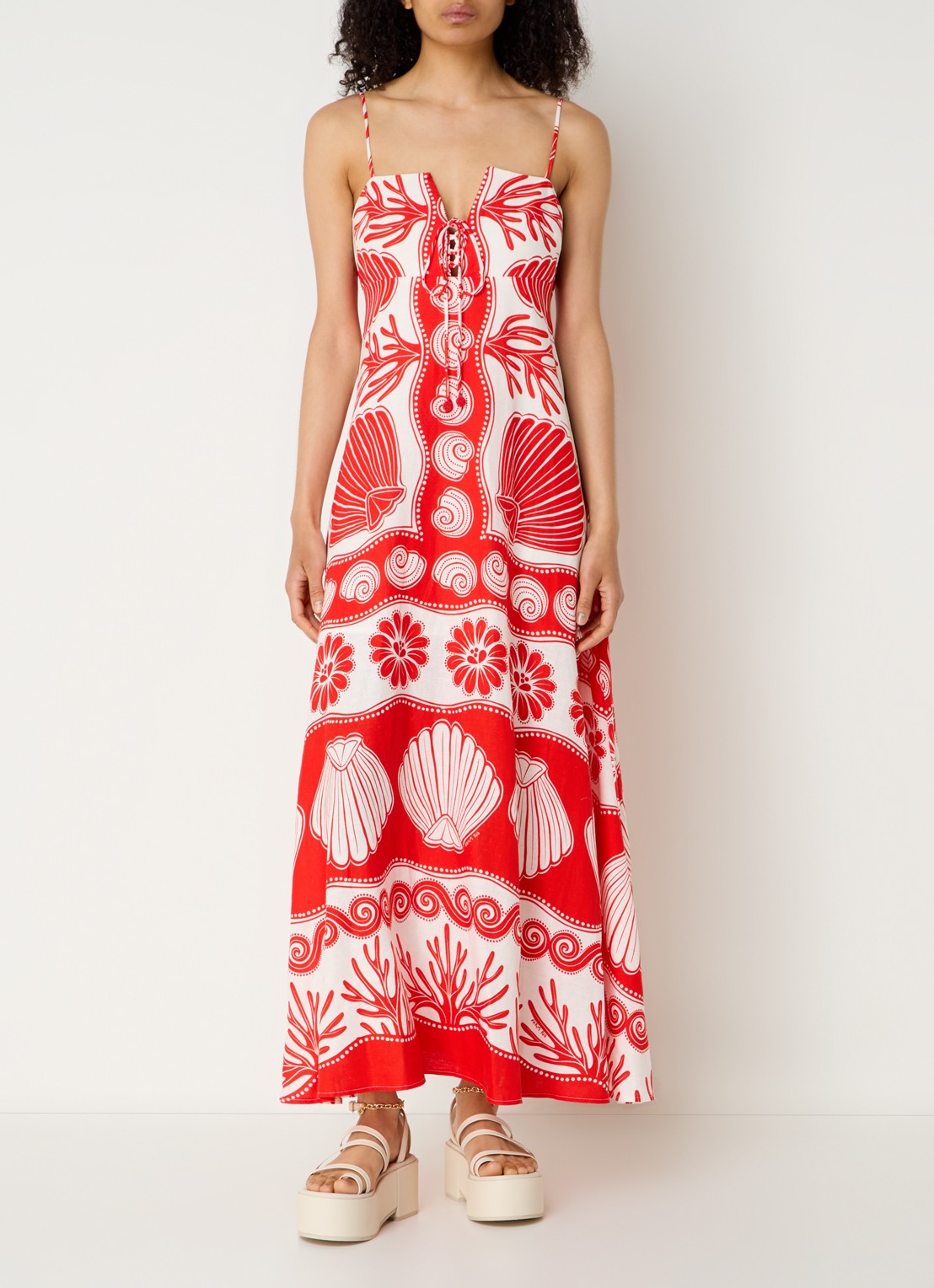 Farm Rio Ainika maxi jurk in linnenblend met bladprint - detail 4 koraalrood