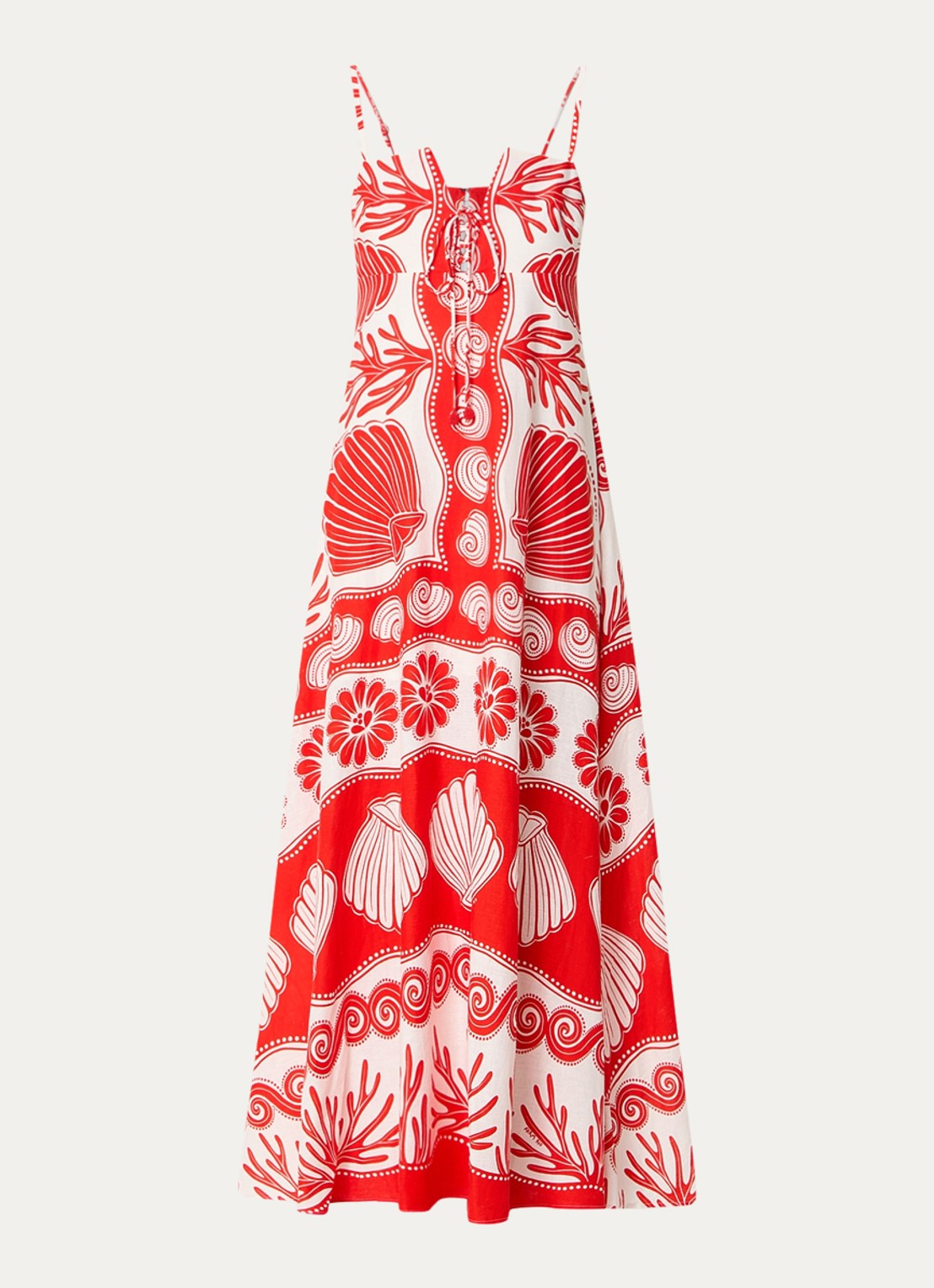 Farm Rio Ainika maxi jurk in linnenblend met bladprint - voorkant 2 koraalrood