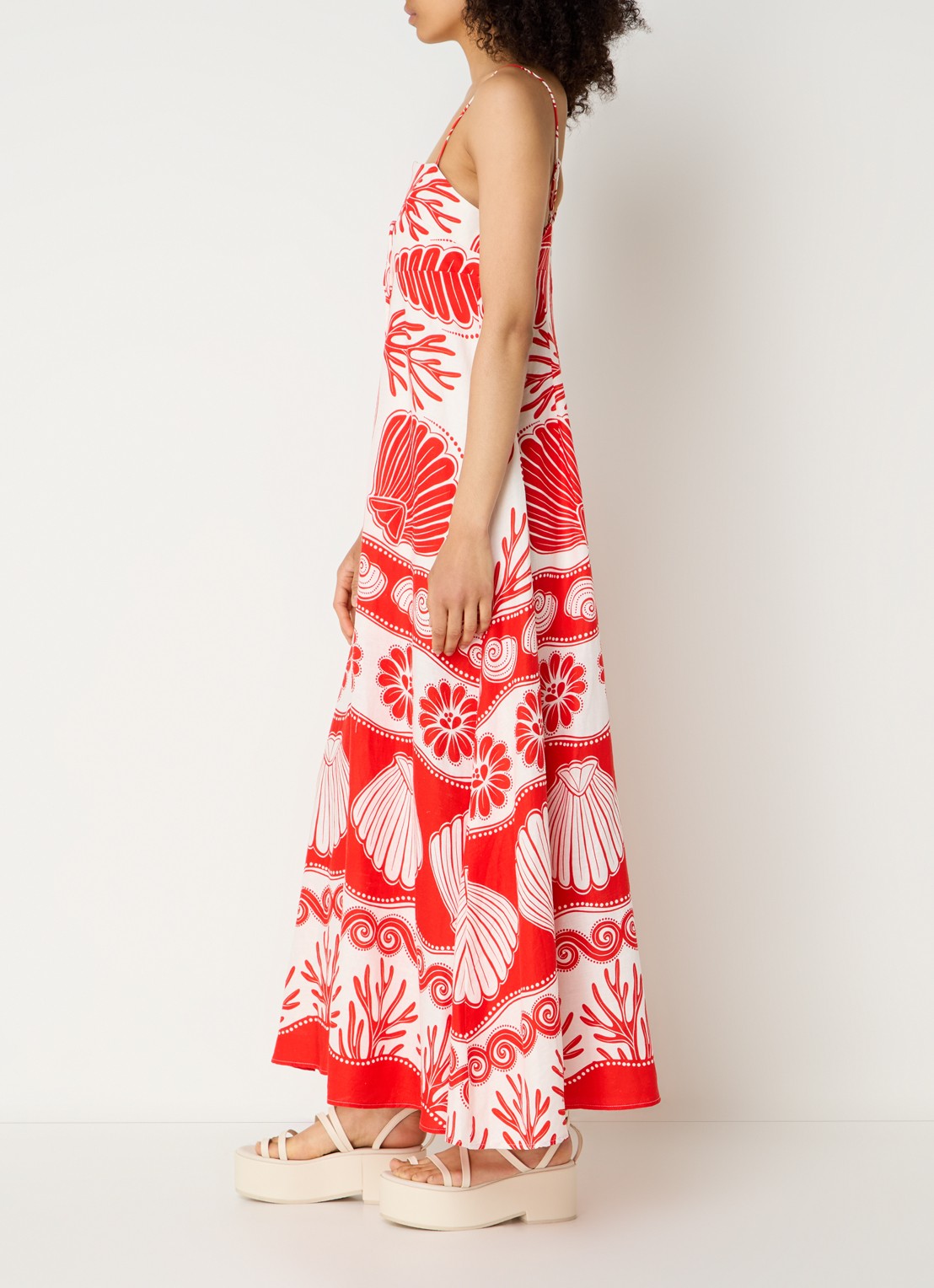 Farm Rio Ainika maxi jurk in linnenblend met bladprint - voorkant 3 koraalrood