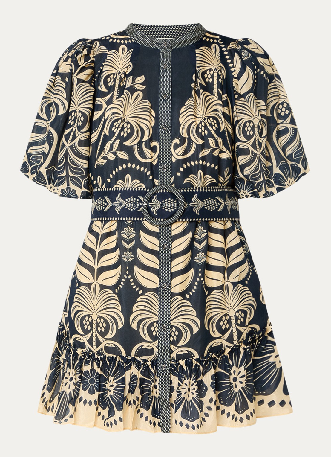 Farm Rio Ainika mini blousejurk met ceintuur en print - voorkant 3 donkerblauw