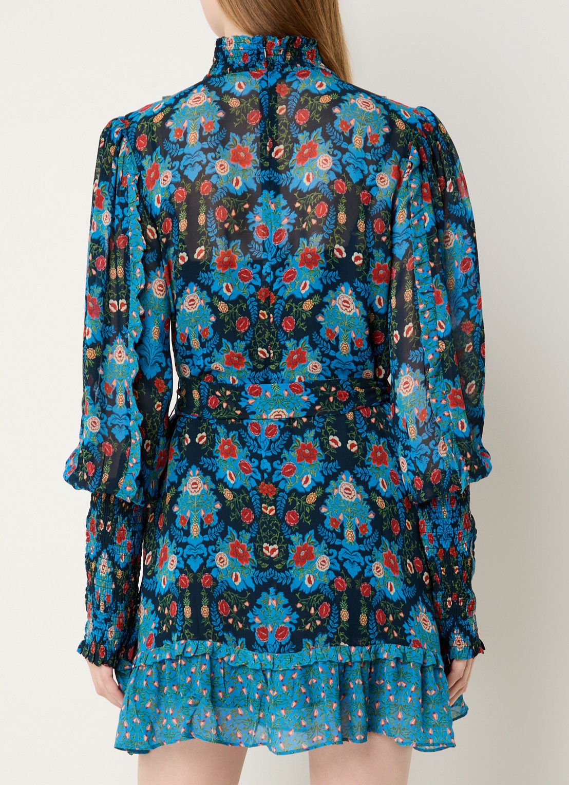 Farm Rio Arabesque semi-transparante mini jurk met strikceintuur - achterkant blauw