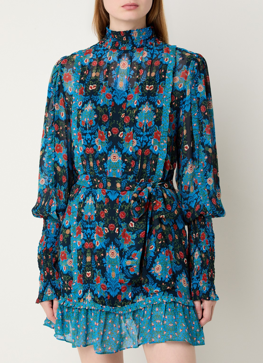 Farm Rio Arabesque semi-transparante mini jurk met strikceintuur - detail 2 blauw