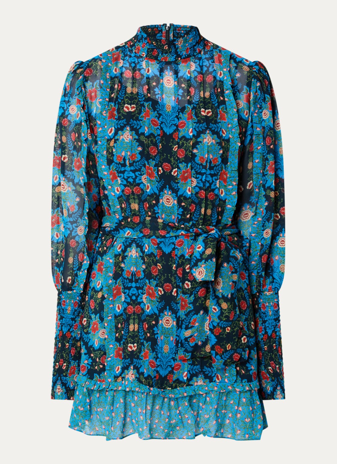 Farm Rio Arabesque semi-transparante mini jurk met strikceintuur - voorkant 3 blauw