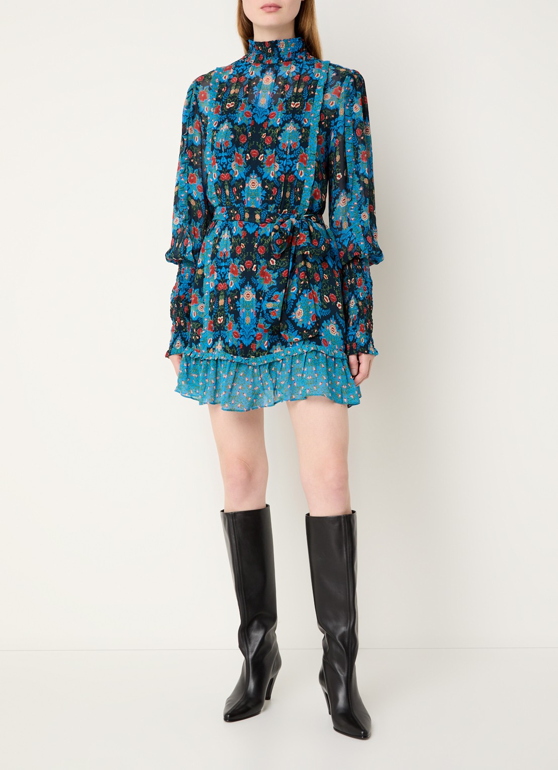 Farm Rio Arabesque semi-transparante mini jurk met strikceintuur - voorkant 4 blauw