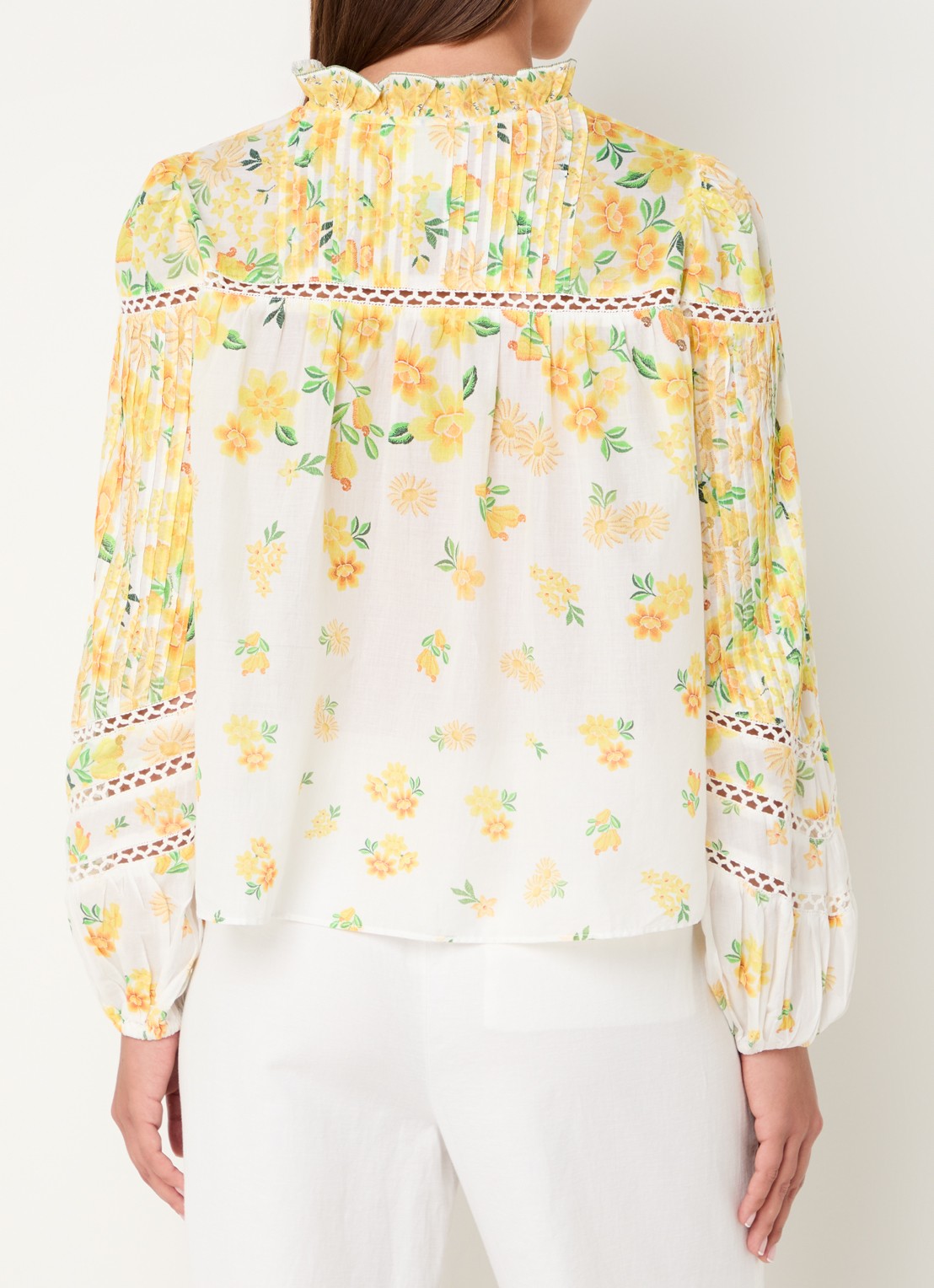 Farm Rio Azaleia blouse met bloemenprint en opengewerkt detail - achterkant 3 geel