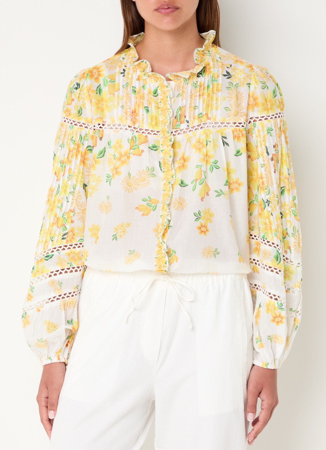 Farm Rio Azaleia blouse met bloemenprint en opengewerkt detail - detail geel