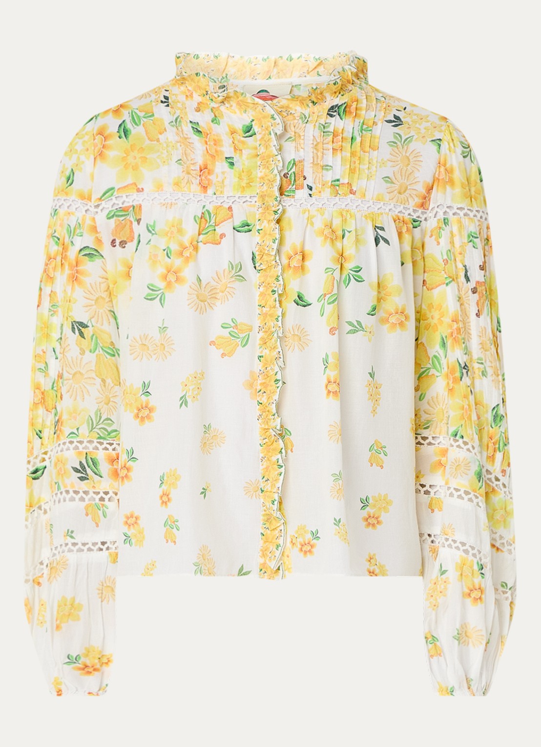 Farm Rio Azaleia blouse met bloemenprint en opengewerkt detail - voorkant 4 geel