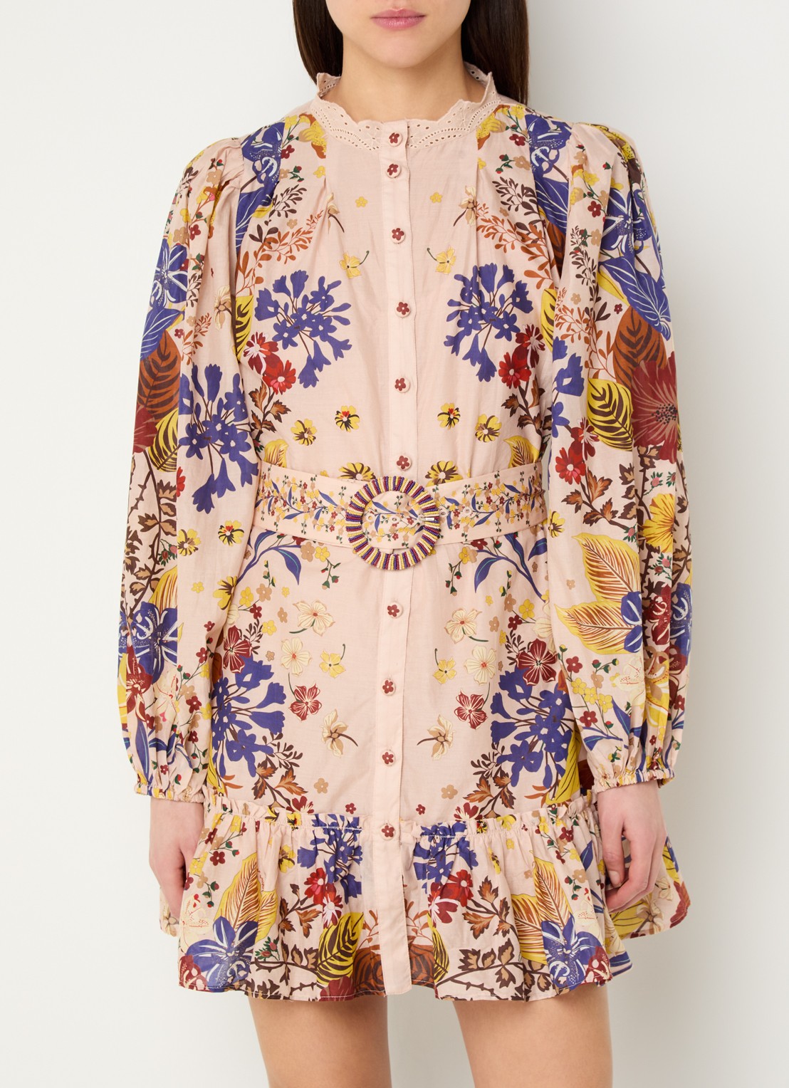 Farm Rio Beauty Bouquet mini blousejurk met bloemenprint en ceintuur - detail 3 oudroze
