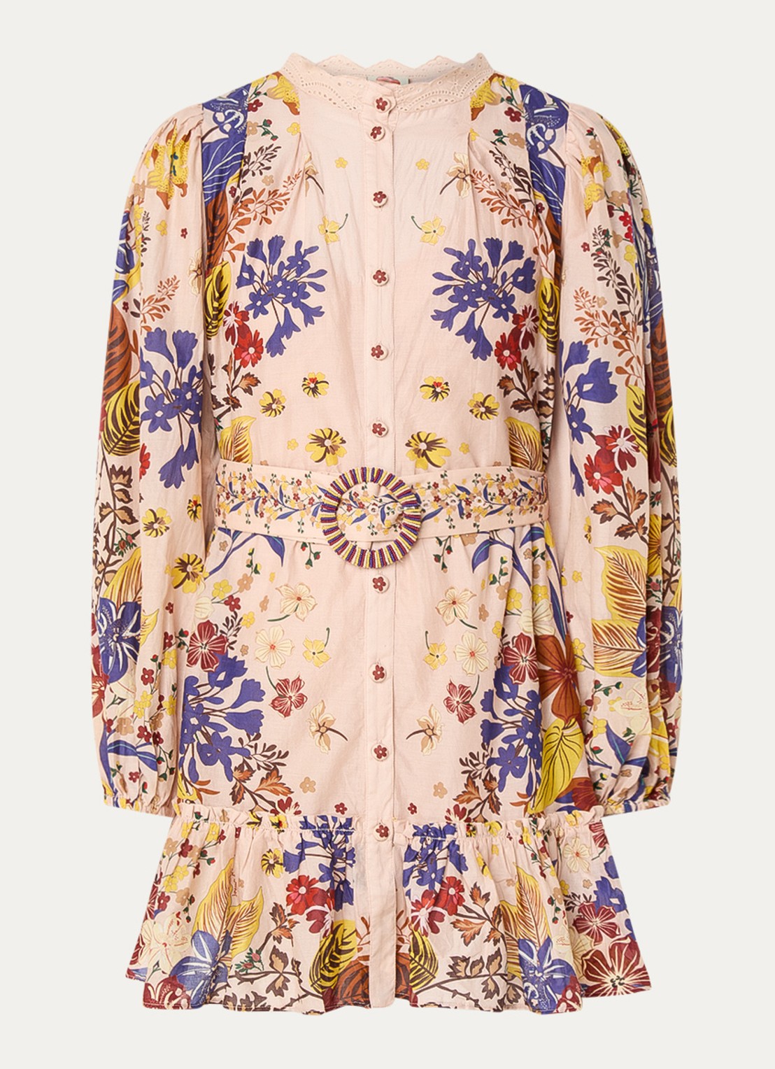 Farm Rio Beauty Bouquet mini blousejurk met bloemenprint en ceintuur - voorkant oudroze