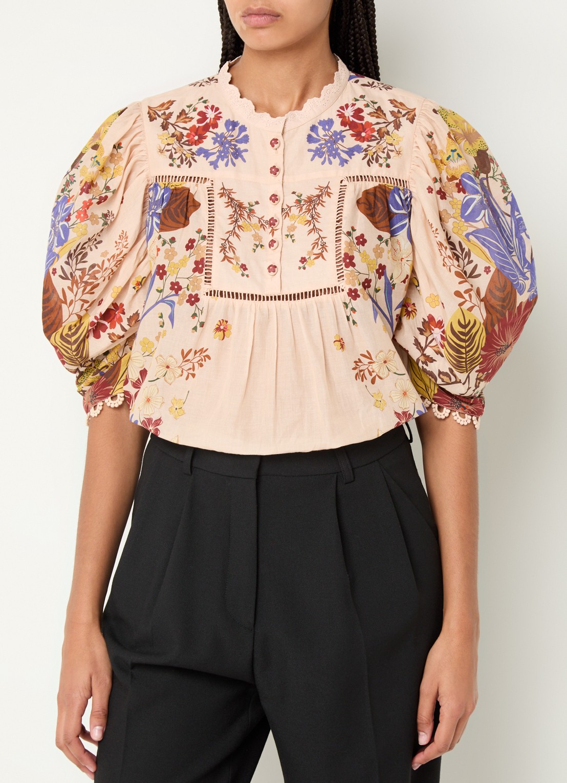 Farm Rio Beauty Bouquet tuniek met pofmouw en bloemenprint - detail 3 zalmroze