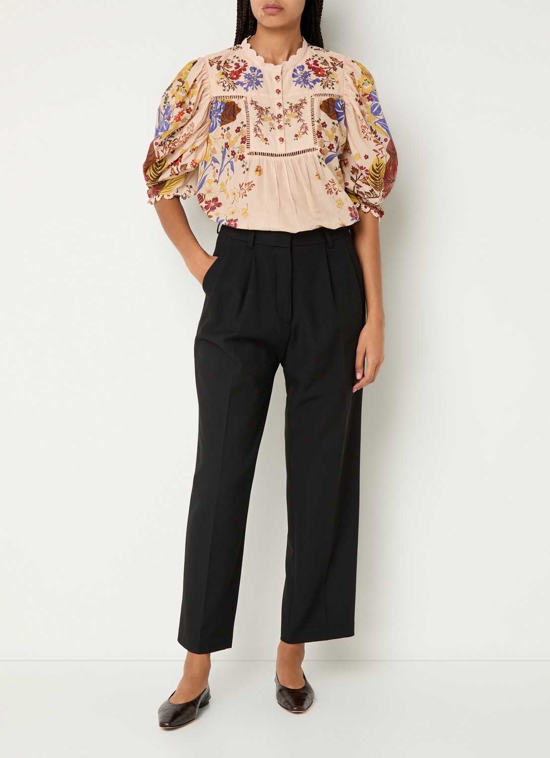 Farm Rio Beauty Bouquet tuniek met pofmouw en bloemenprint - voorkant 2 zalmroze