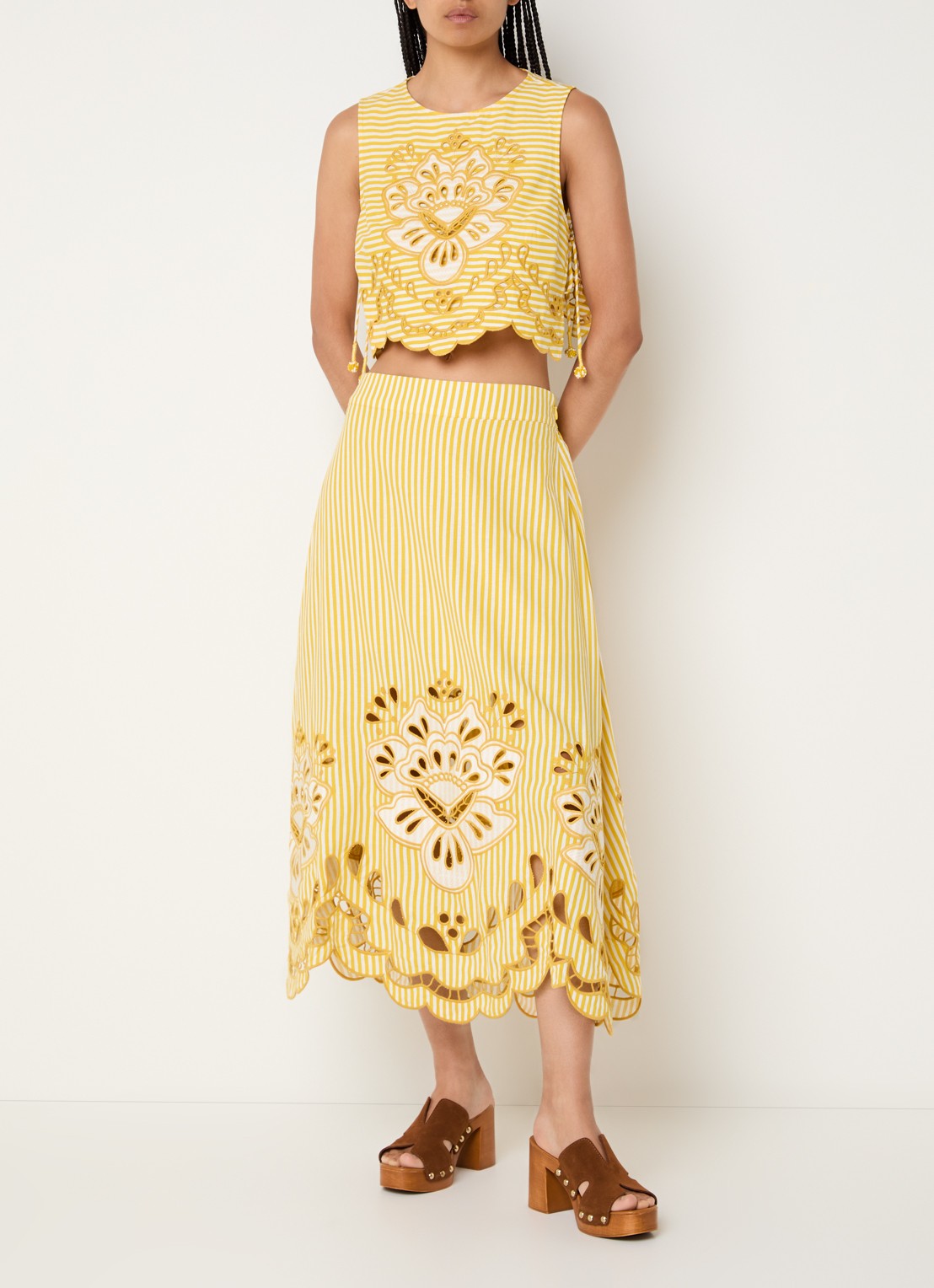 Farm Rio Bicolor midi rok in linnenblend met streepprint - voorkant 3 geel