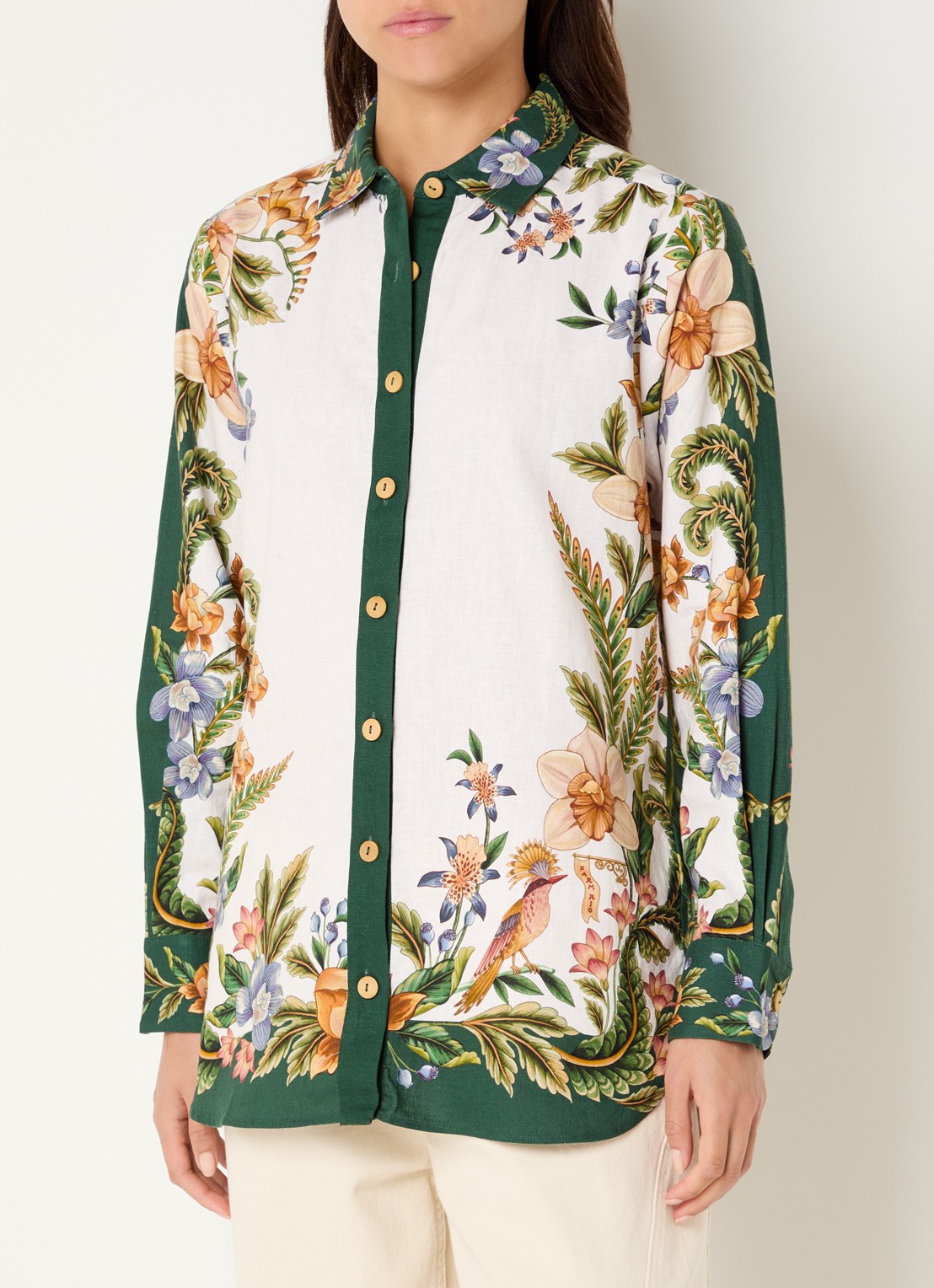 Farm Rio Blouse in linnenblend met bladprint - detail 2 groen