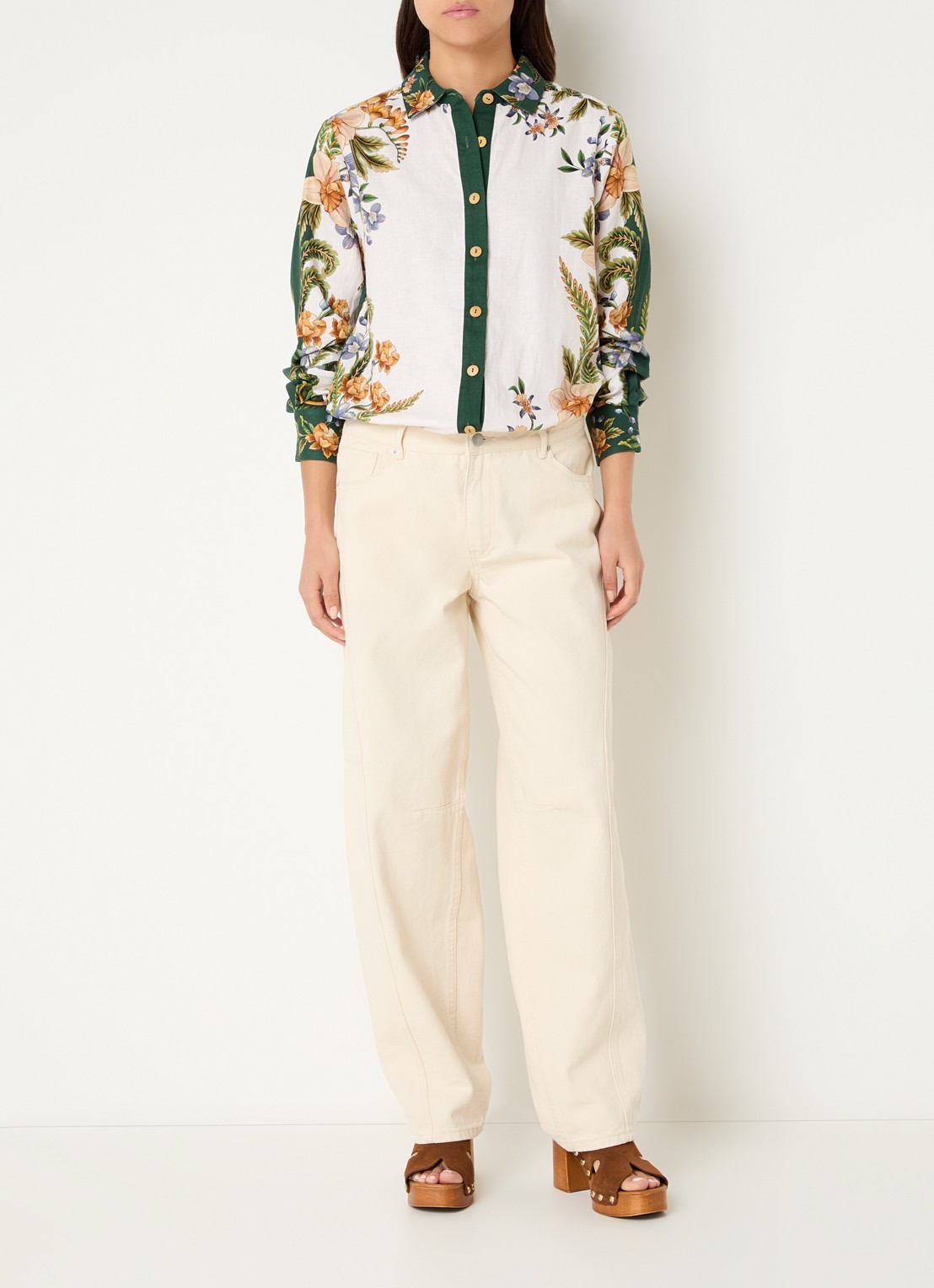Farm Rio Blouse in linnenblend met bladprint - voorkant 4 groen