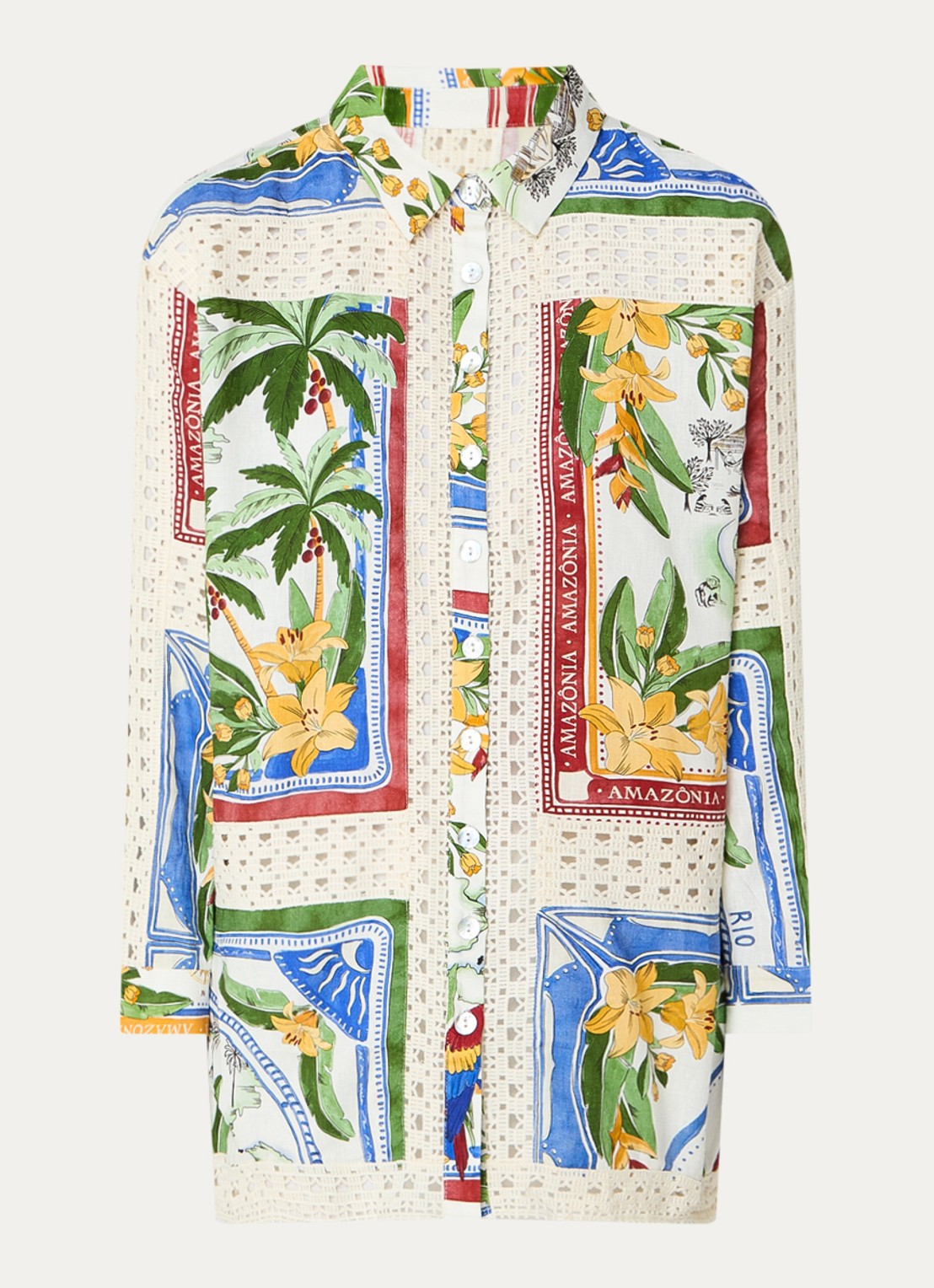 Farm Rio Blouse in linnenblend met bloemenprint - voorkant groen