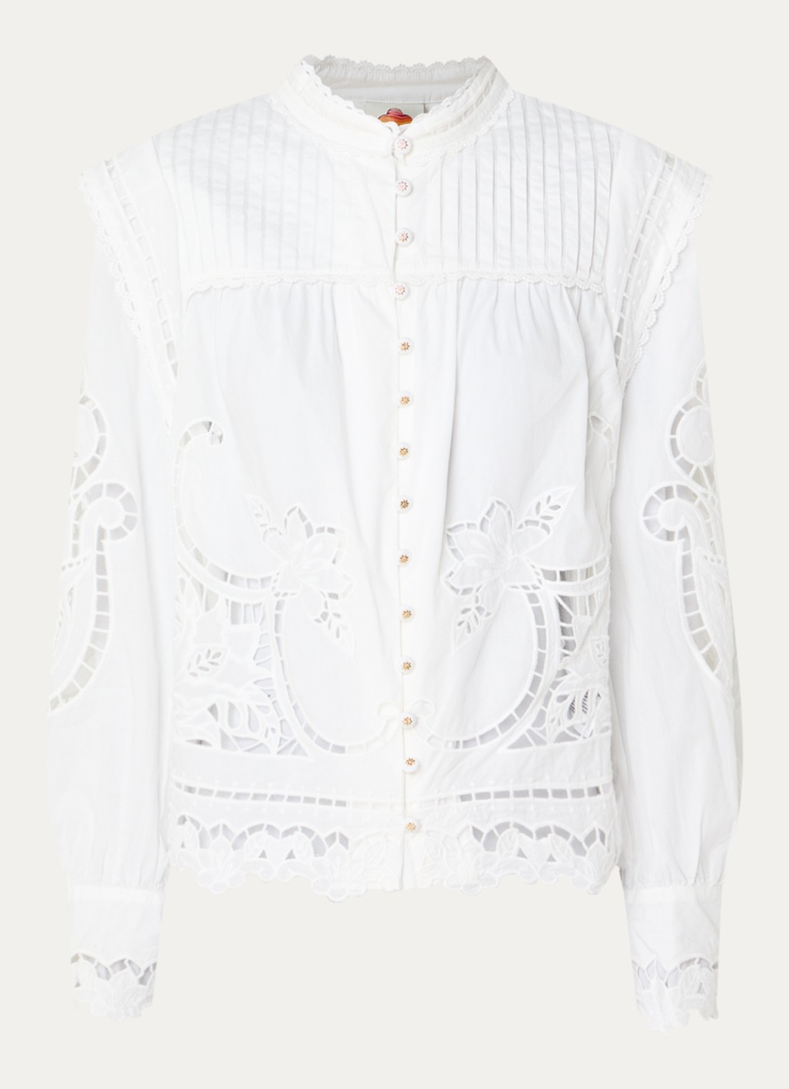 Farm Rio Blouse met broderie en plooidetail - voorkant gebroken wit