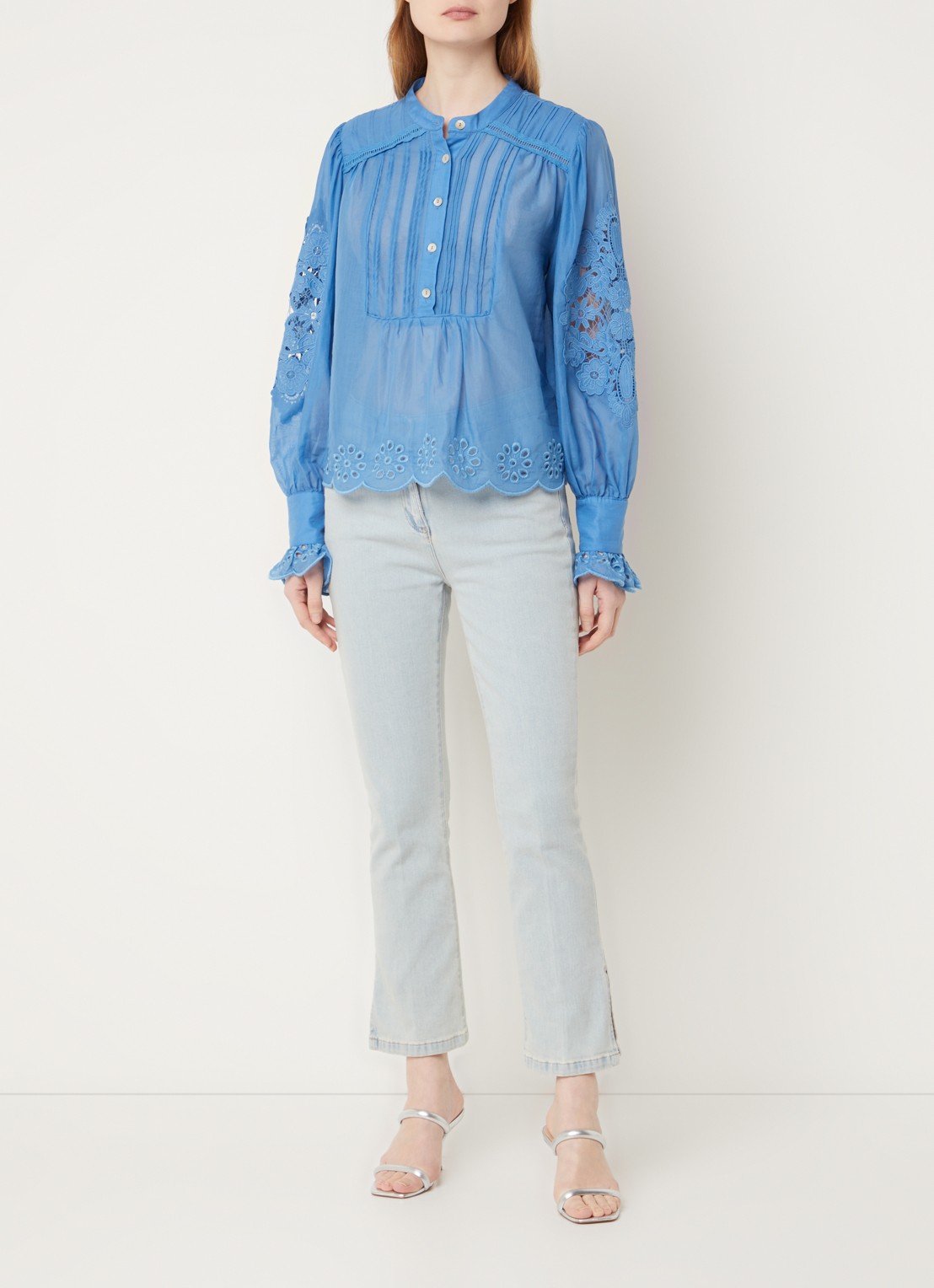 Farm Rio Blouse met broderie en structuur - voorkant 4 blauw