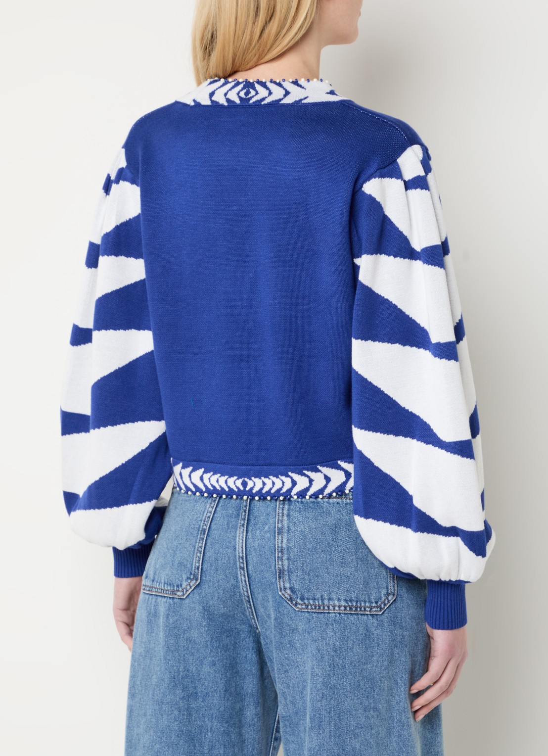 Farm Rio Blue Palm fijngebreid vest met bladprint - achterkant royalblauw