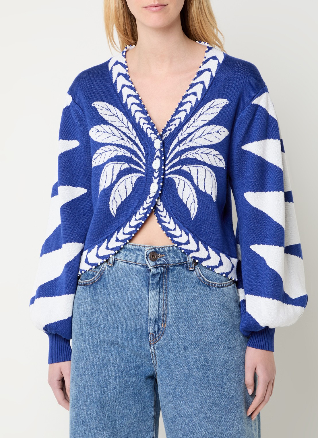Farm Rio Blue Palm fijngebreid vest met bladprint - detail 2 royalblauw