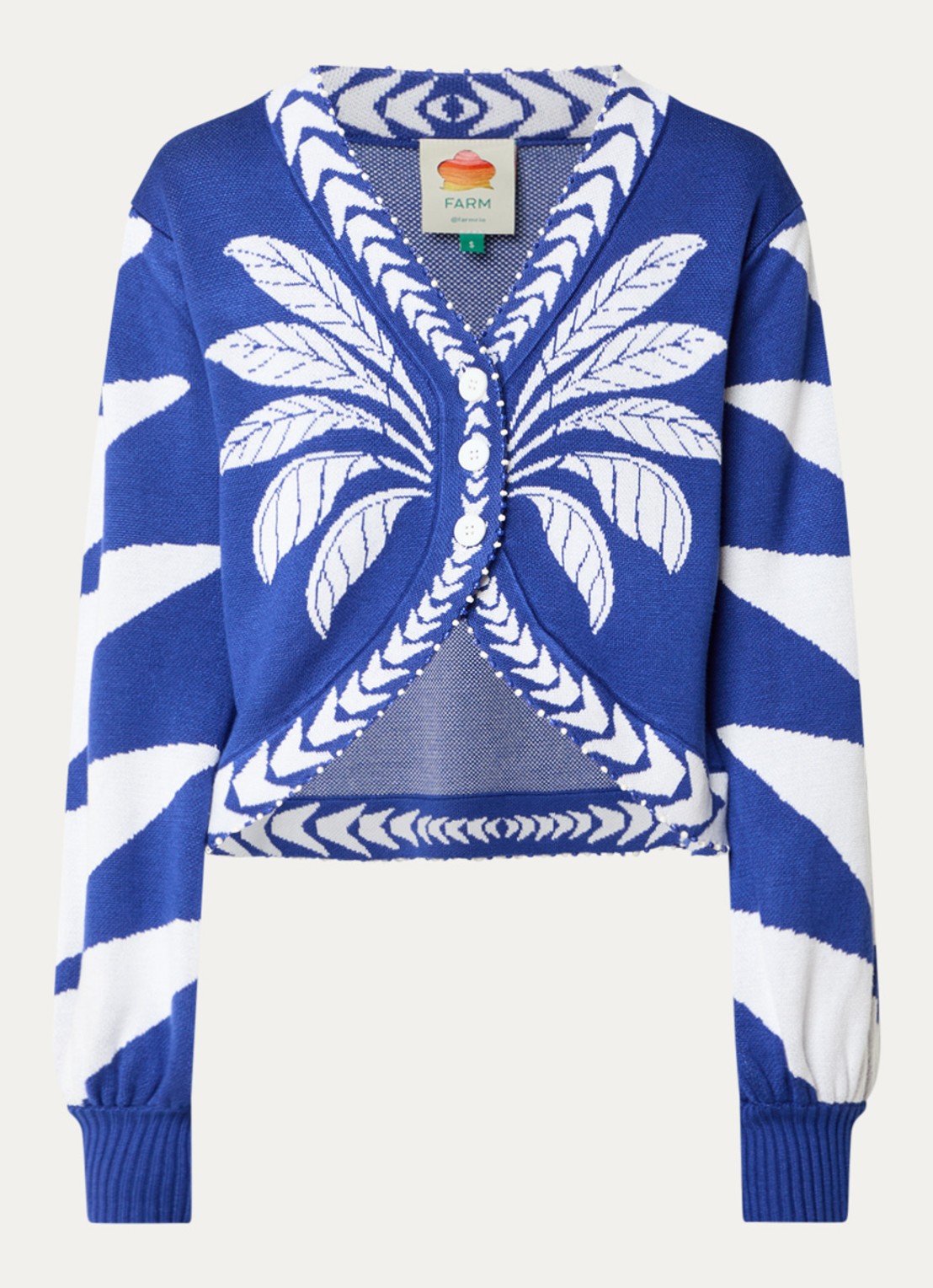Farm Rio Blue Palm fijngebreid vest met bladprint - voorkant 3 royalblauw