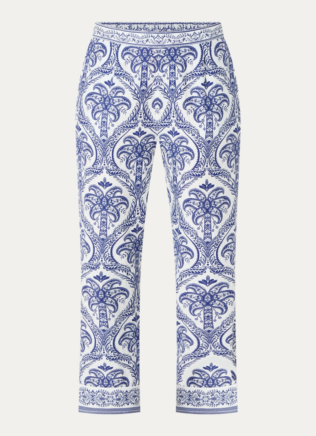 Farm Rio Blue Tropical mid waist straight fit cropped broek in linnenblend met paisley dessin - voorkant 3 kobaltblauw