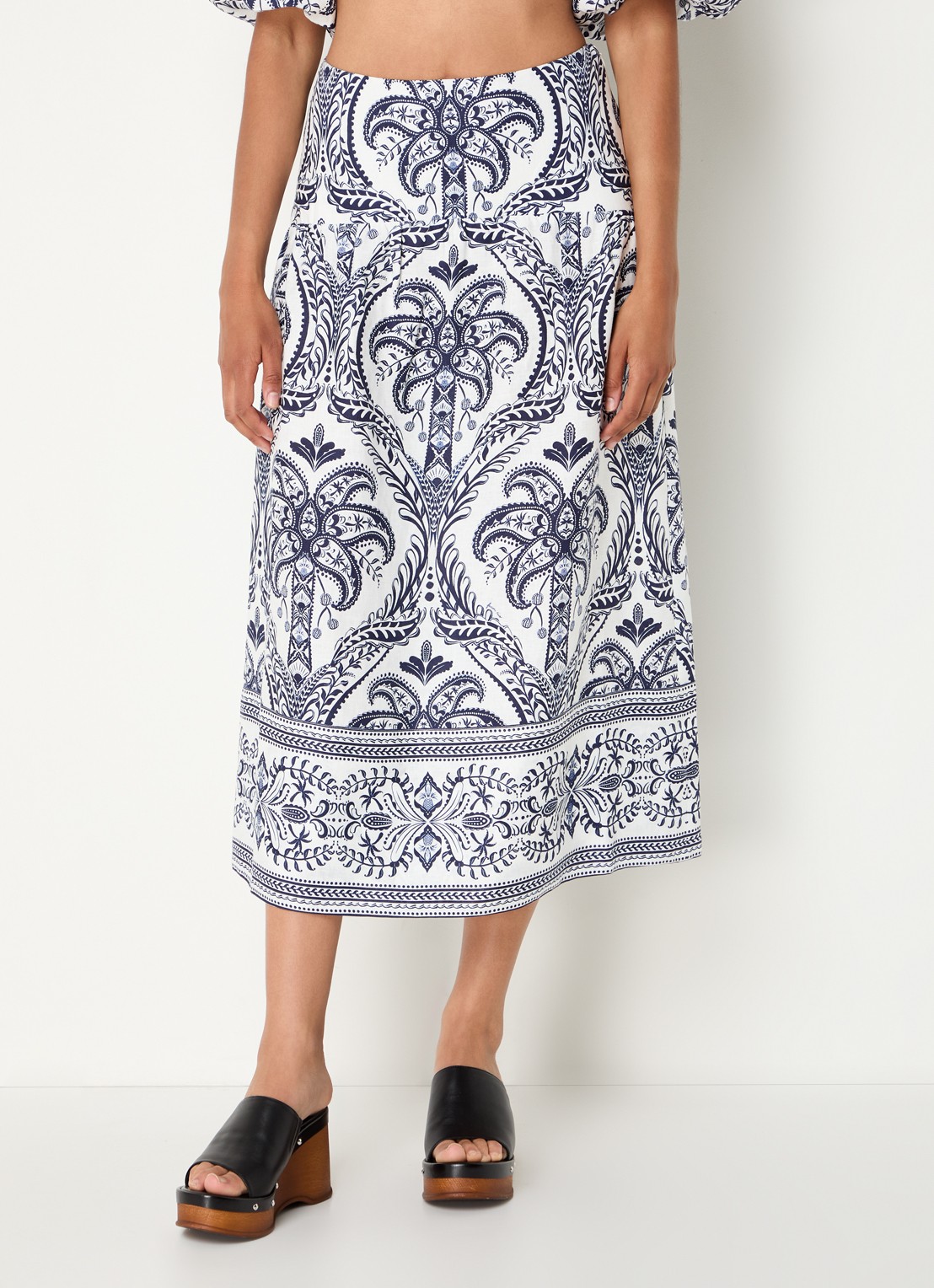 Farm Rio Blue Tropical midi rok van linnen met paisley dessin - detail 3 gebroken wit