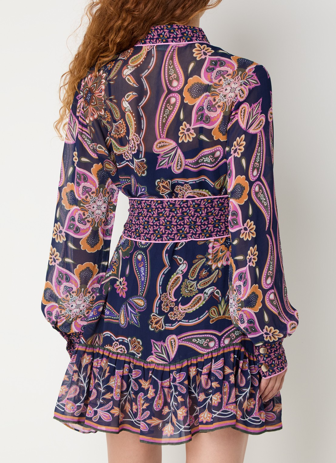 Farm Rio Boho mini tuniekjurk met paisley dessin en strikceintuur - achterkant donkerblauw
