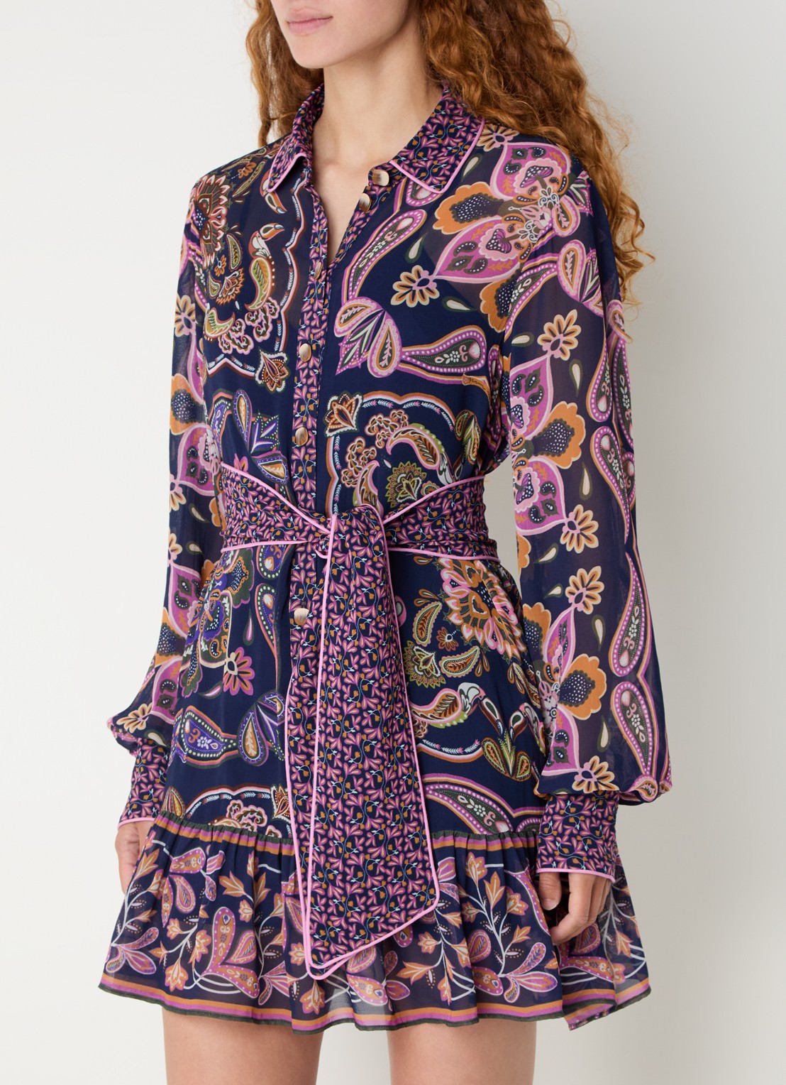 Farm Rio Boho mini tuniekjurk met paisley dessin en strikceintuur - detail 2 donkerblauw