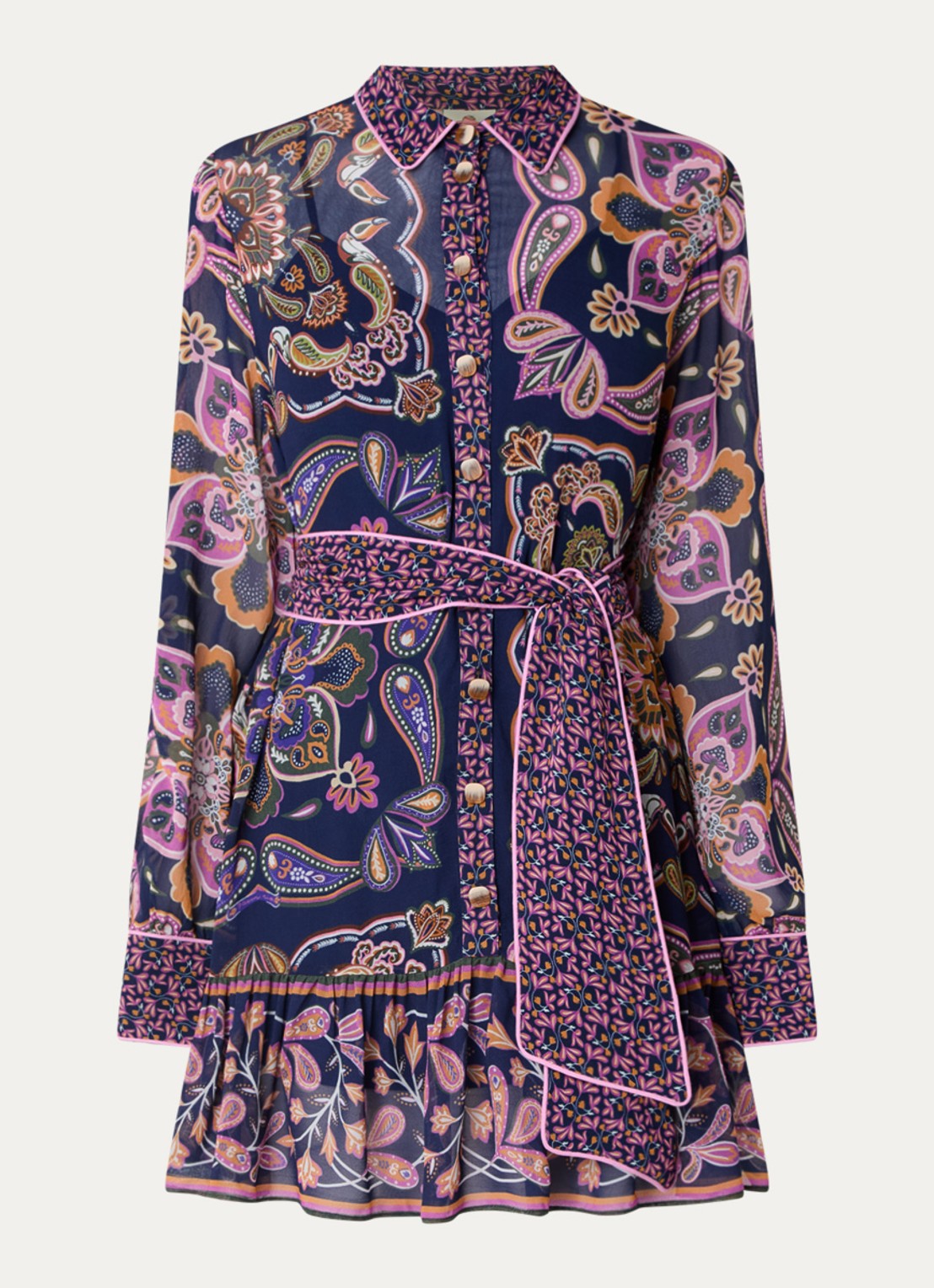 Farm Rio Boho mini tuniekjurk met paisley dessin en strikceintuur - voorkant 3 donkerblauw