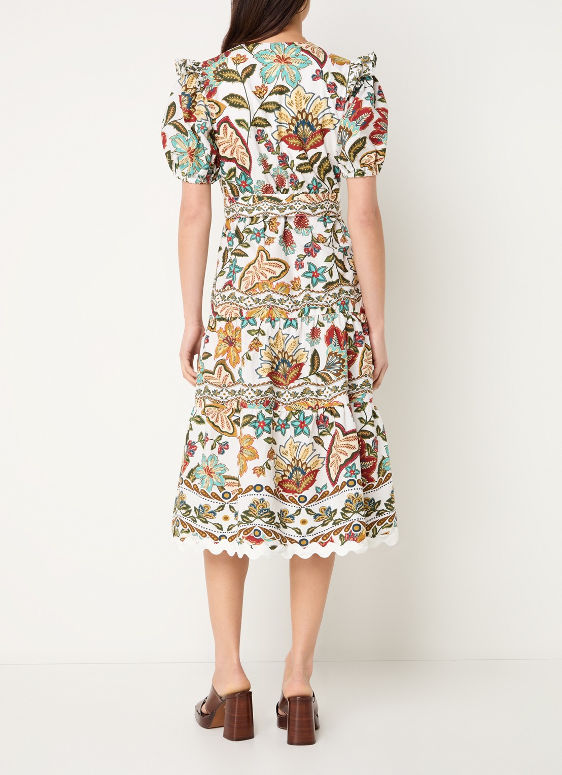 Farm Rio Botanicals midi jurk met bloemenprint en ceintuur - achterkant gebroken wit