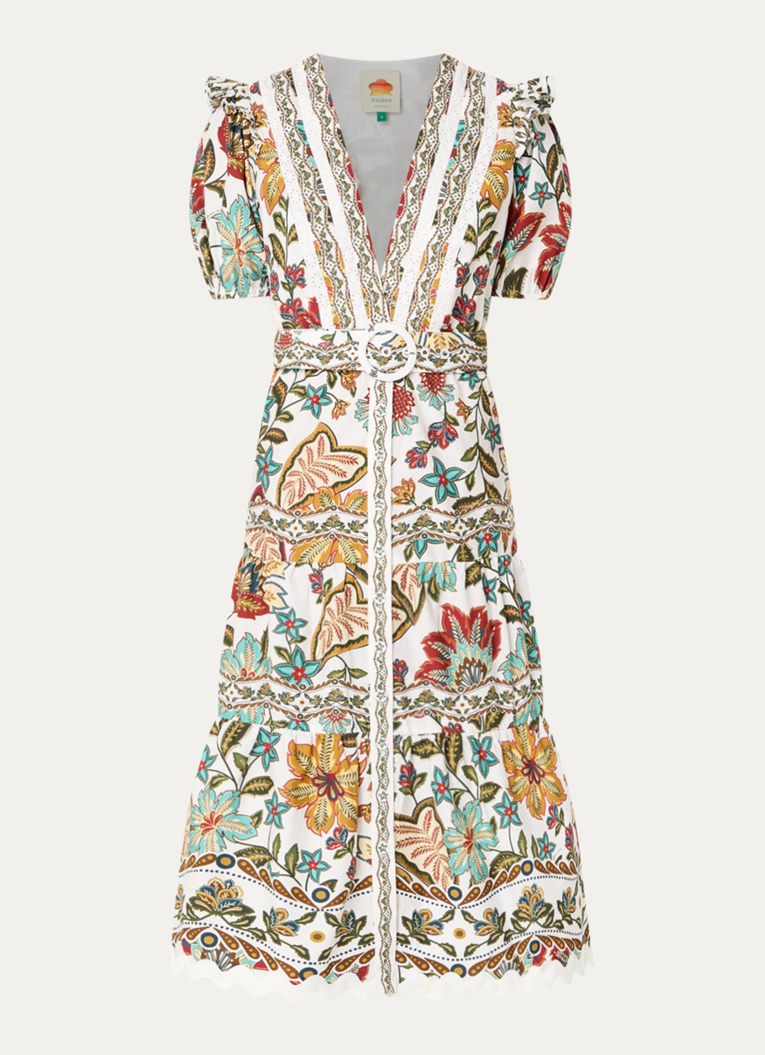 Farm Rio Botanicals midi jurk met bloemenprint en ceintuur - voorkant 3 gebroken wit