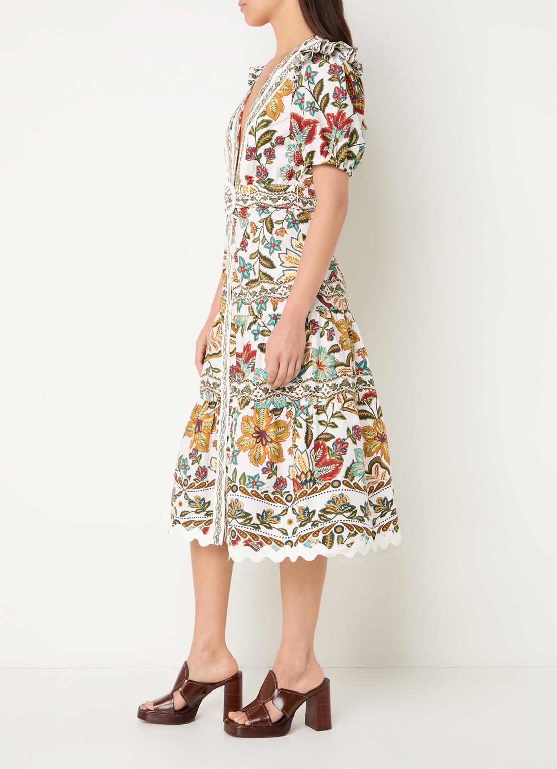 Farm Rio Botanicals midi jurk met bloemenprint en ceintuur - voorkant 4 gebroken wit