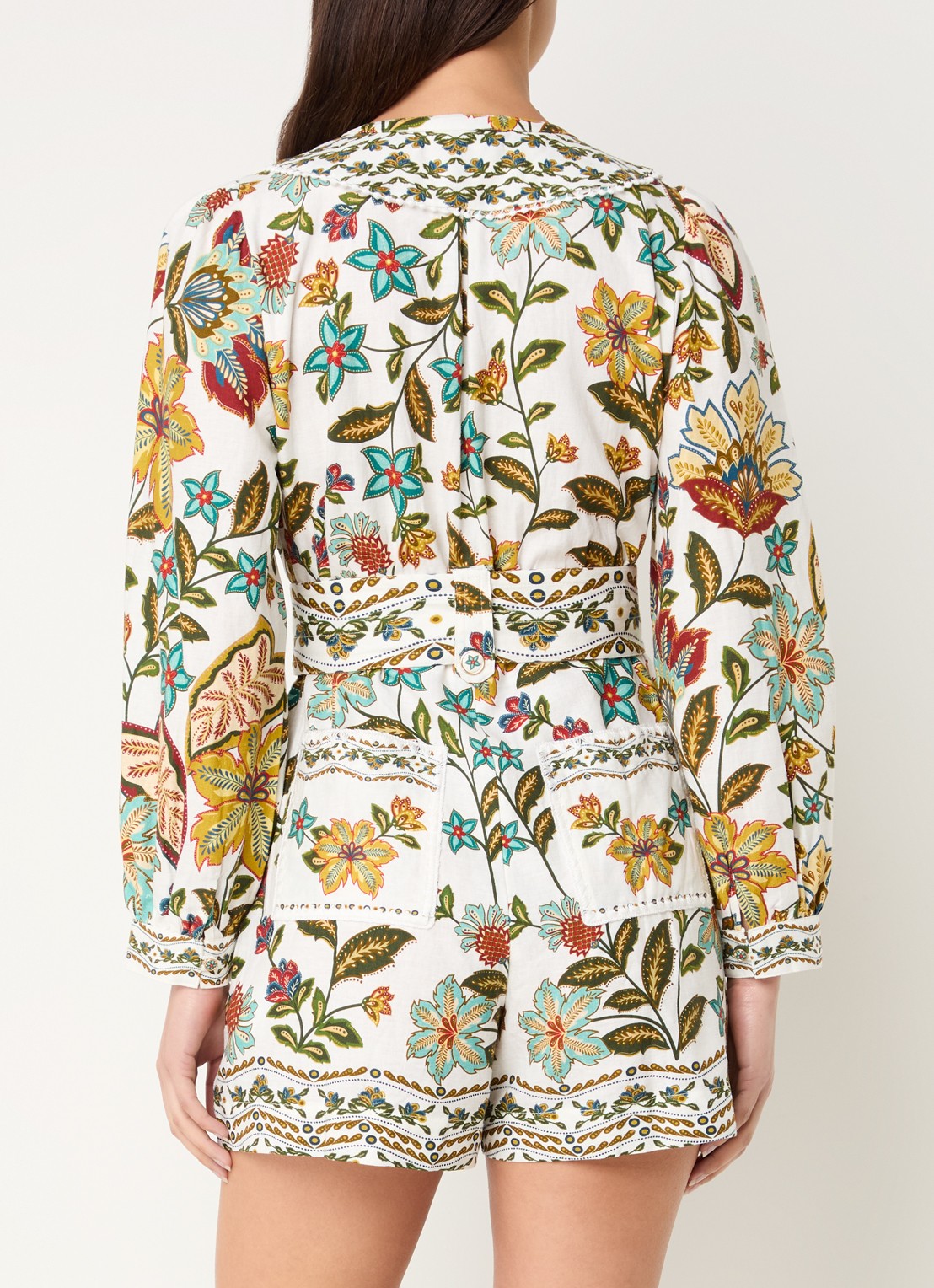 Farm Rio Botanicals straight fit playsuit in linnenblend met print - achterkant 4 gebroken wit