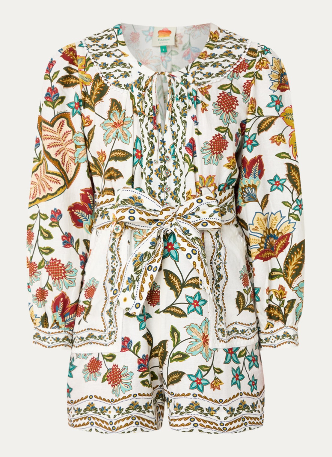 Farm Rio Botanicals straight fit playsuit in linnenblend met print - voorkant gebroken wit