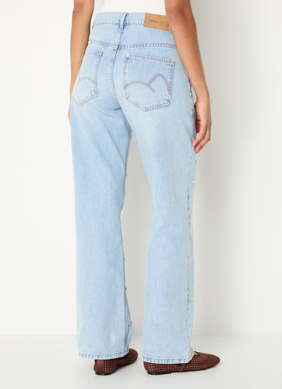 Farm Rio Bows high waist straigt leg jeans met lichte wassing en studs - achterkant indigo