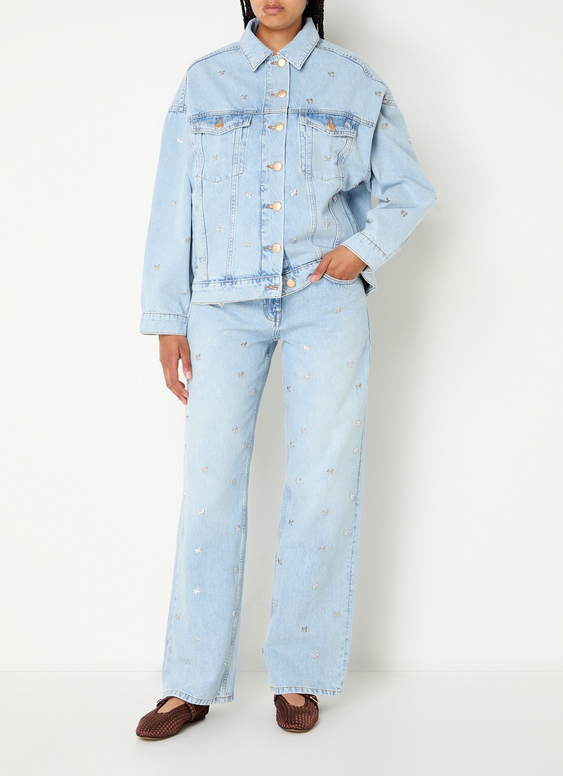 Farm Rio Bows high waist straigt leg jeans met lichte wassing en studs - voorkant 6 indigo