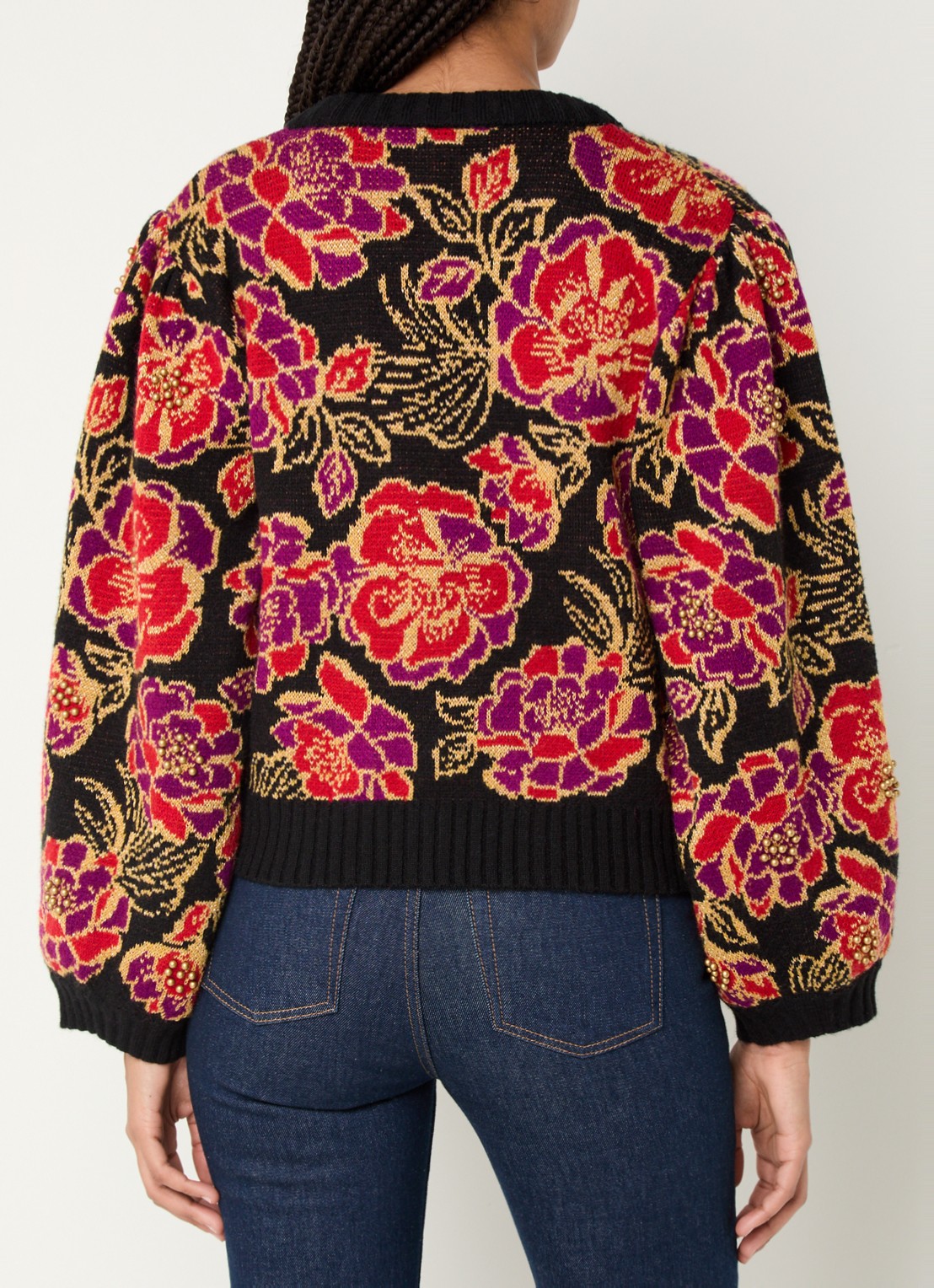 Farm Rio Chita grofgebreid vest in wolblend met bloemenprint en lurex - achterkant 5 zwart