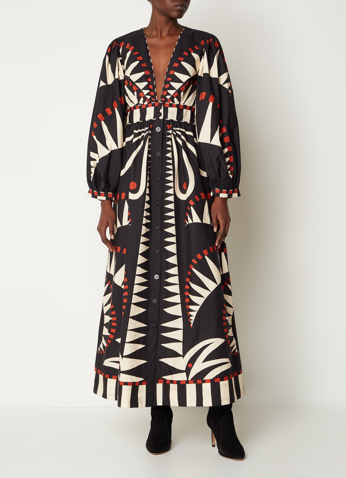 Farm Rio Coconut maxi jurk met bladprint en pofmouw - detail 4 zwart
