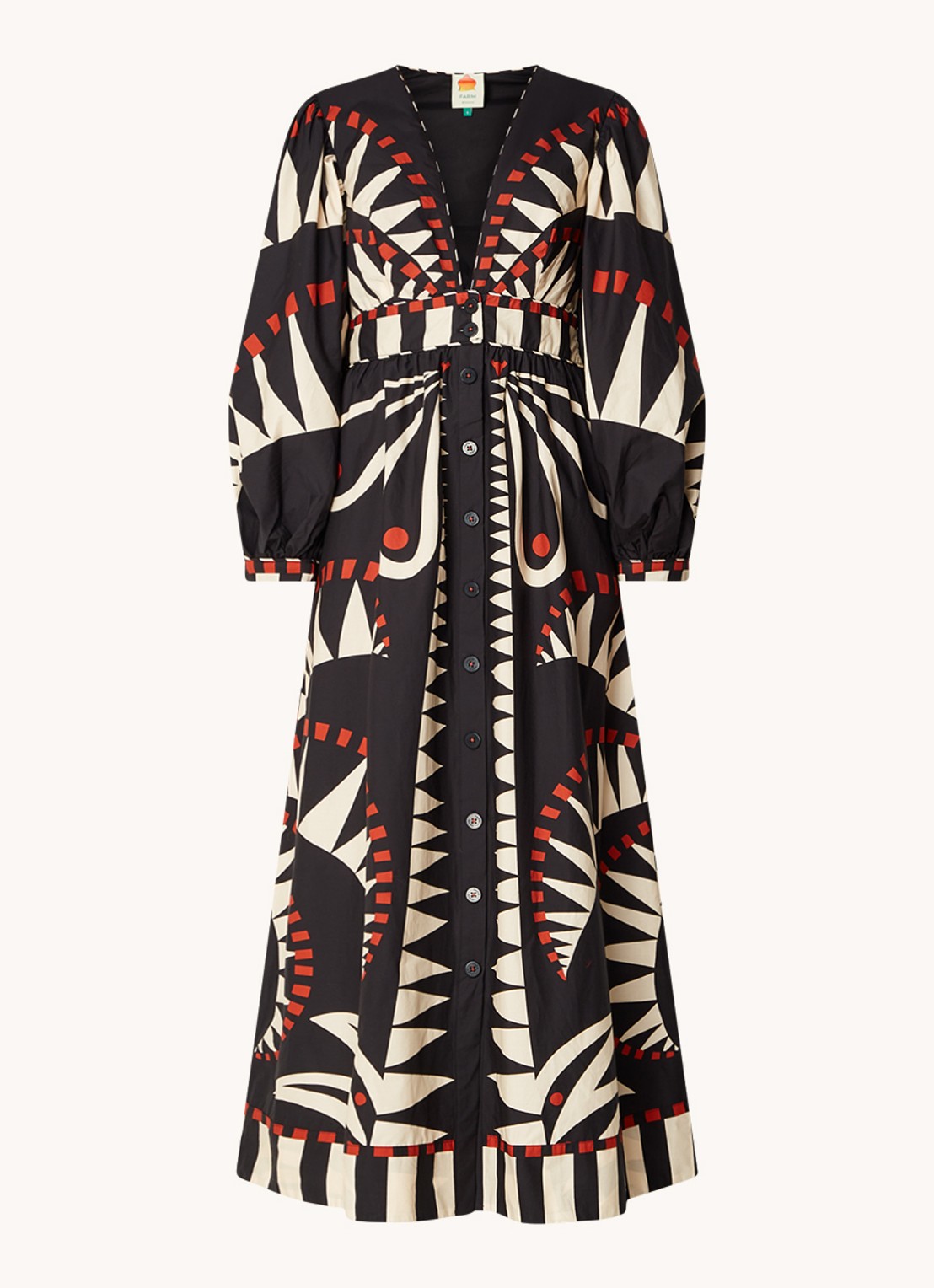 Farm Rio Coconut maxi jurk met bladprint en pofmouw - voorkant 2 zwart