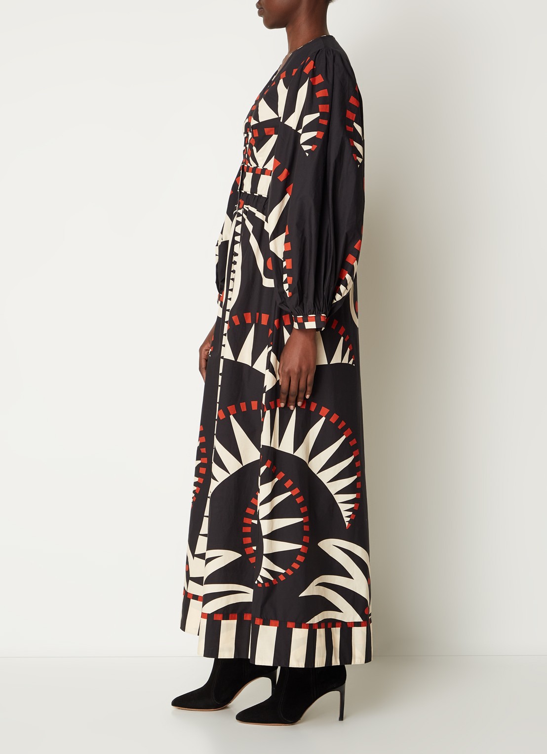Farm Rio Coconut maxi jurk met bladprint en pofmouw - voorkant 3 zwart