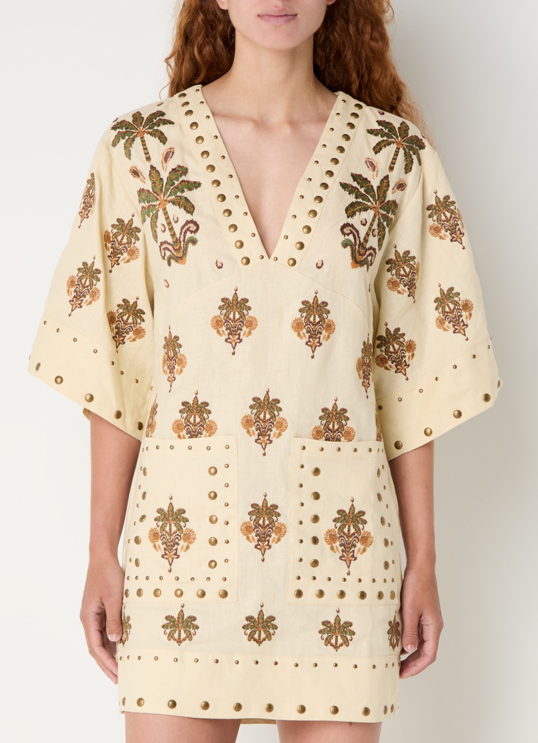 Farm Rio Coconut Tree mini tuniekjurk van linnen met studs - detail 3 creme