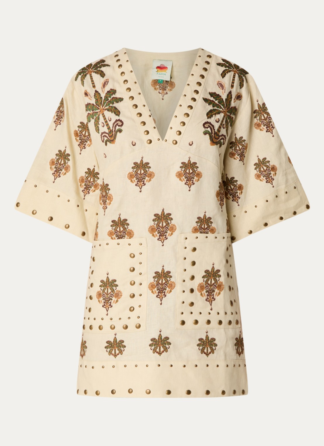 Farm Rio Coconut Tree mini tuniekjurk van linnen met studs - voorkant creme