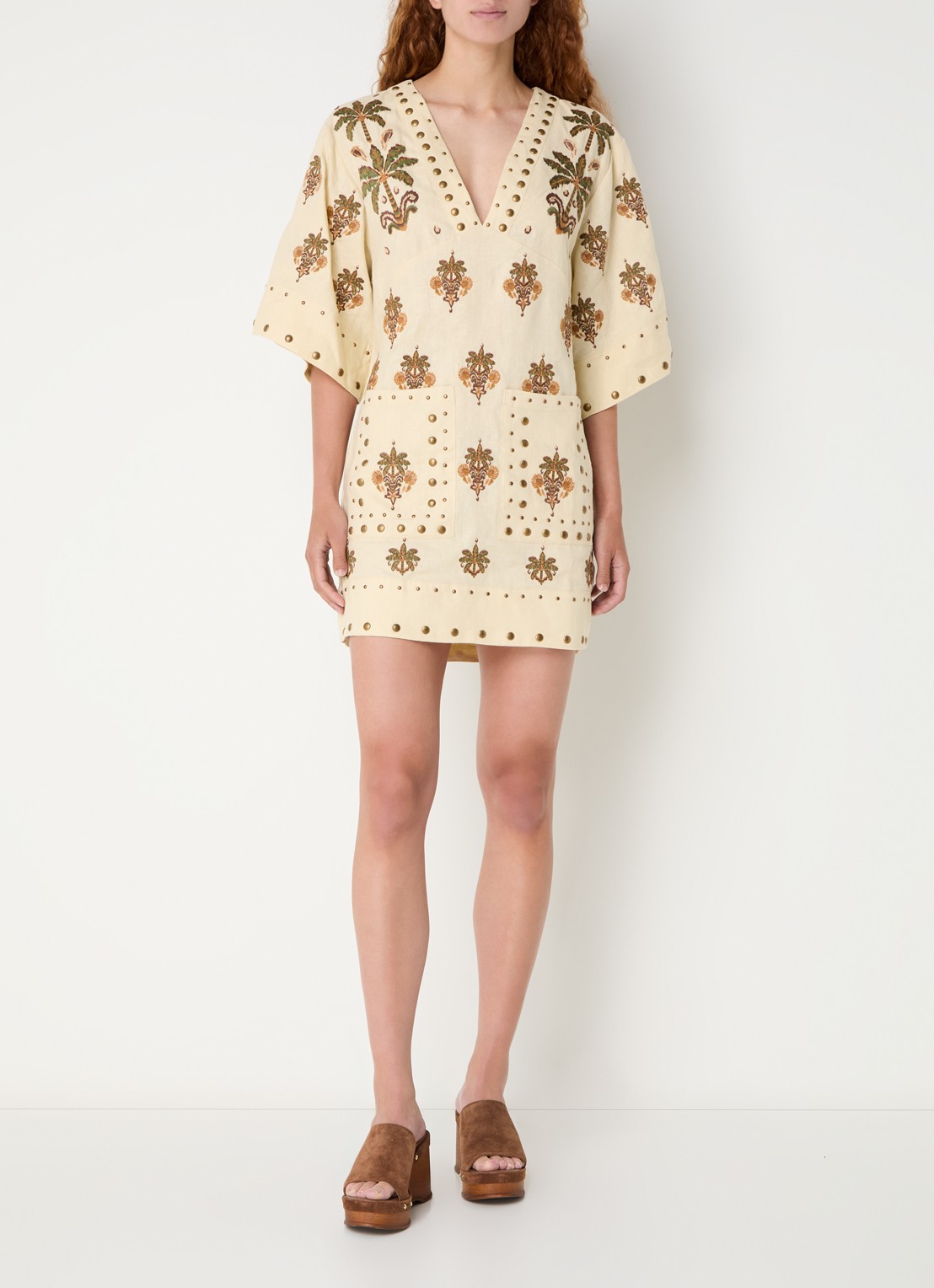Farm Rio Coconut Tree mini tuniekjurk van linnen met studs - voorkant 2 creme
