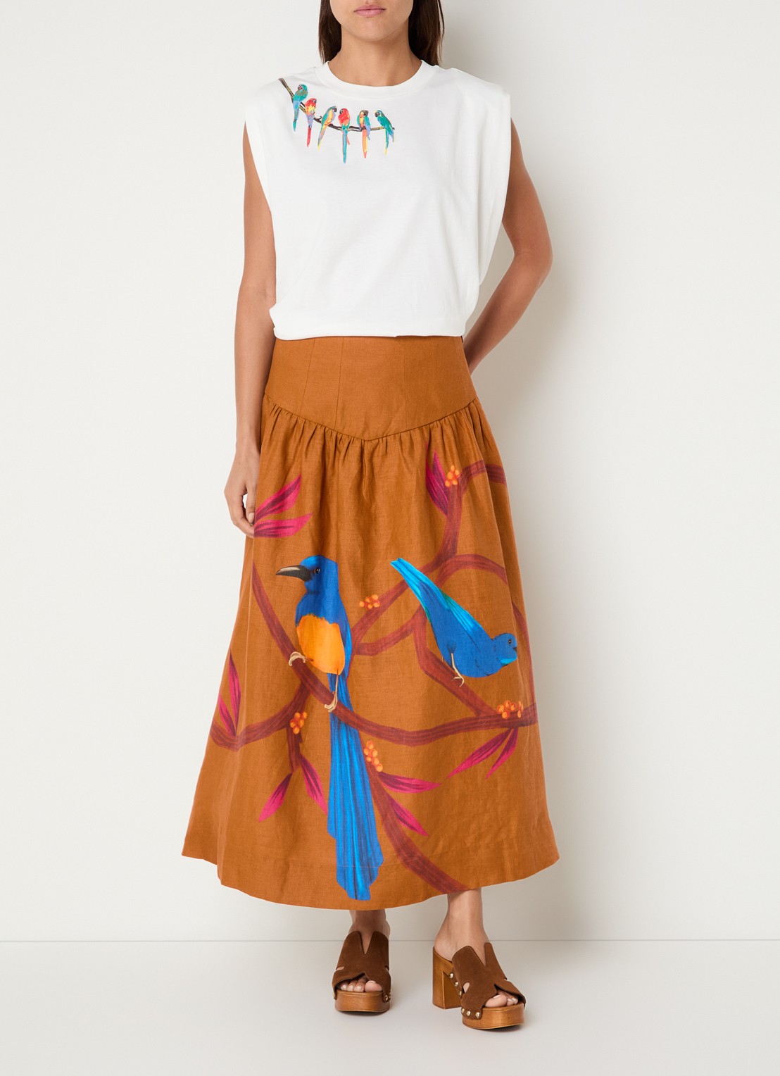 Farm Rio Coconut Trees sweater met opengewerkt dessin en borduring - voorkant 2 gebroken wit