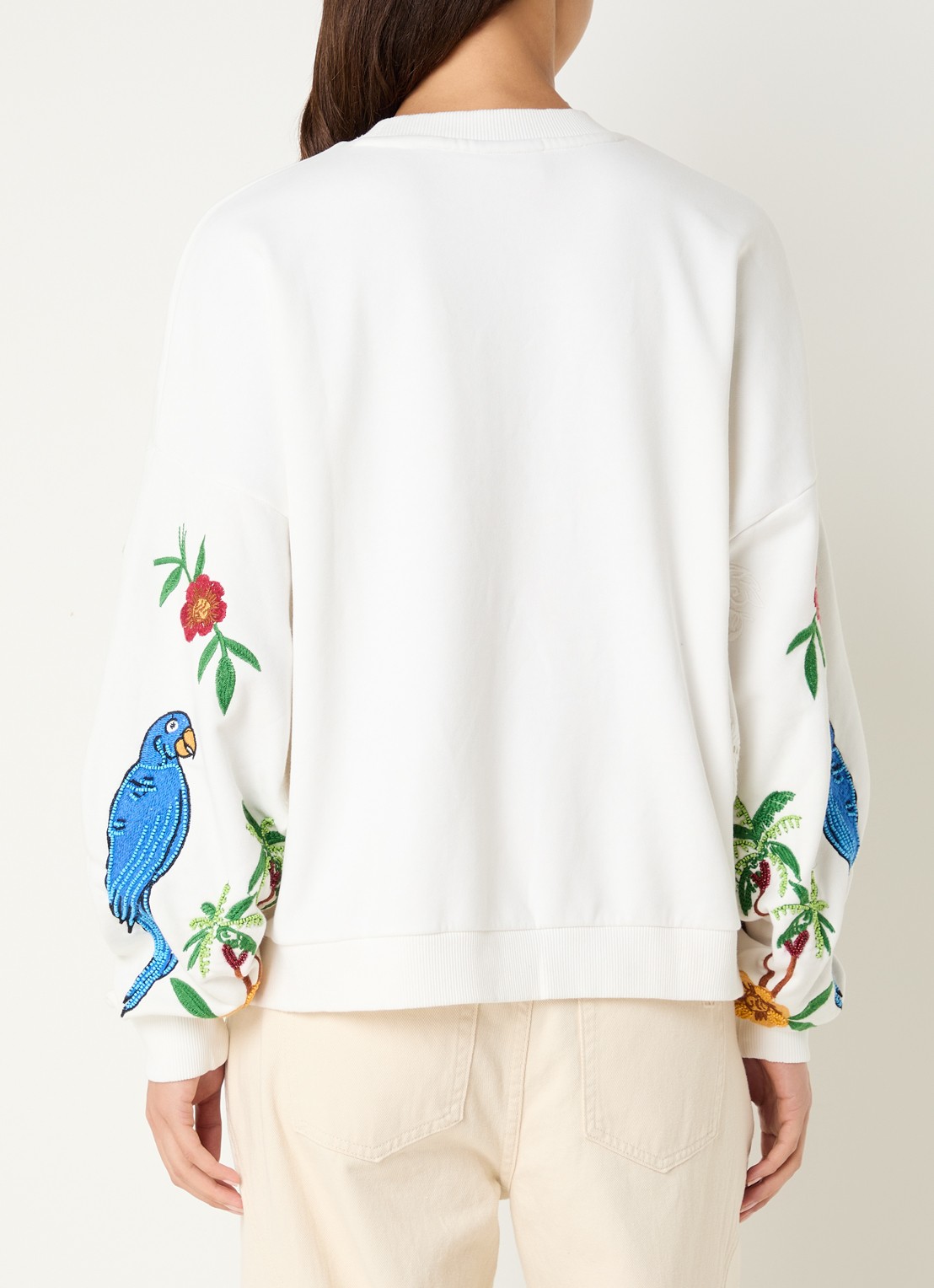 Farm Rio Coconut Trees sweater met opengewerkt dessin en borduring - achterkant gebroken wit