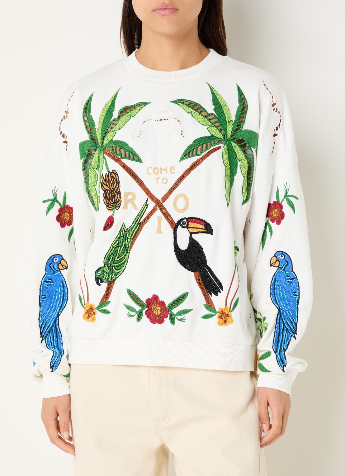 Farm Rio Coconut Trees sweater met opengewerkt dessin en borduring - detail 4 gebroken wit