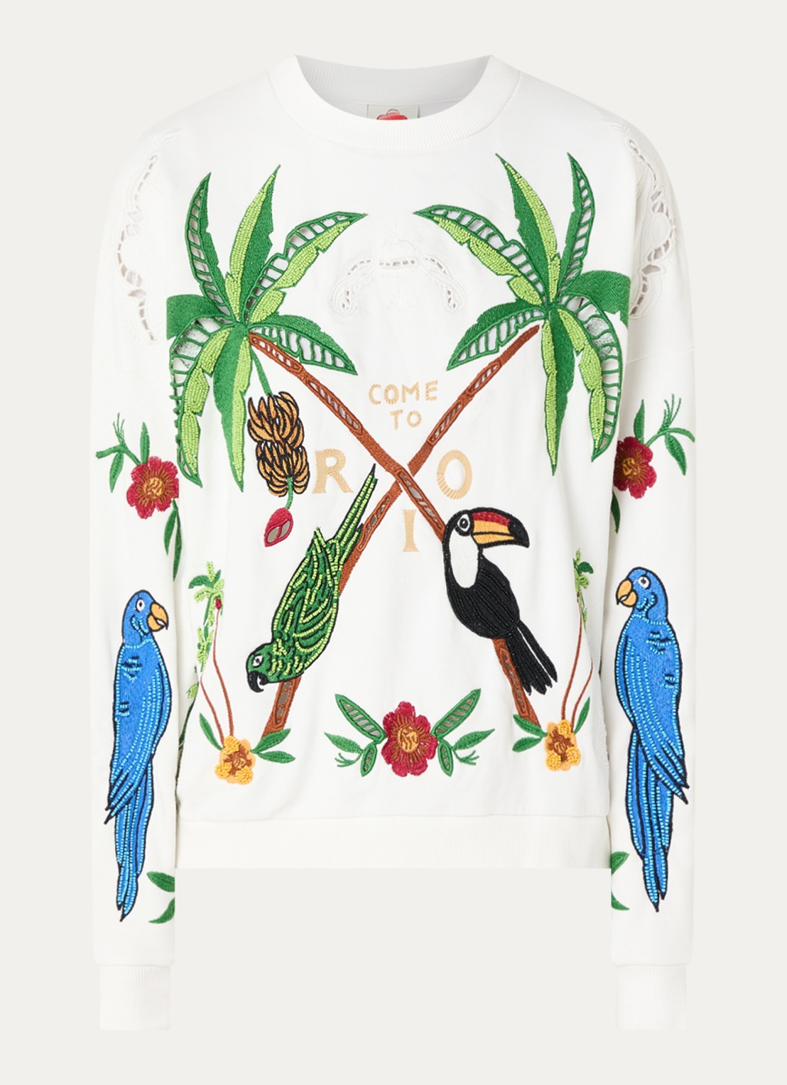 Farm Rio Coconut Trees sweater met opengewerkt dessin en borduring - voorkant 2 gebroken wit