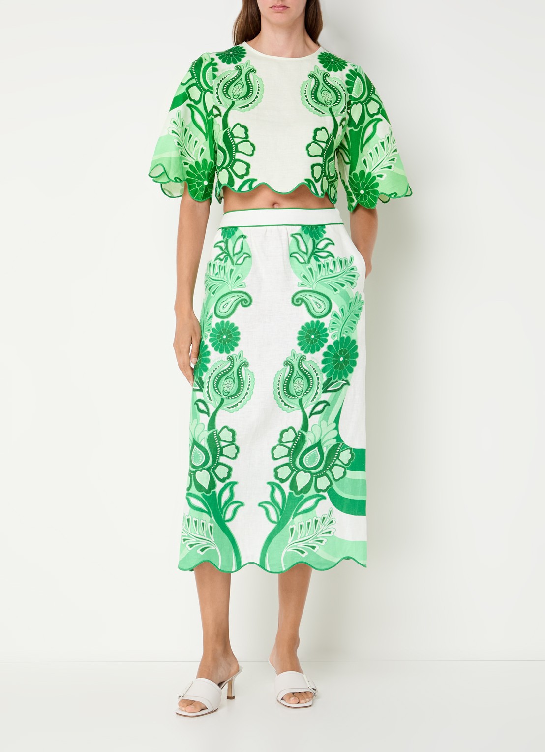 Farm Rio Crop top van linnen met bloemenprint - voorkant 3 groen